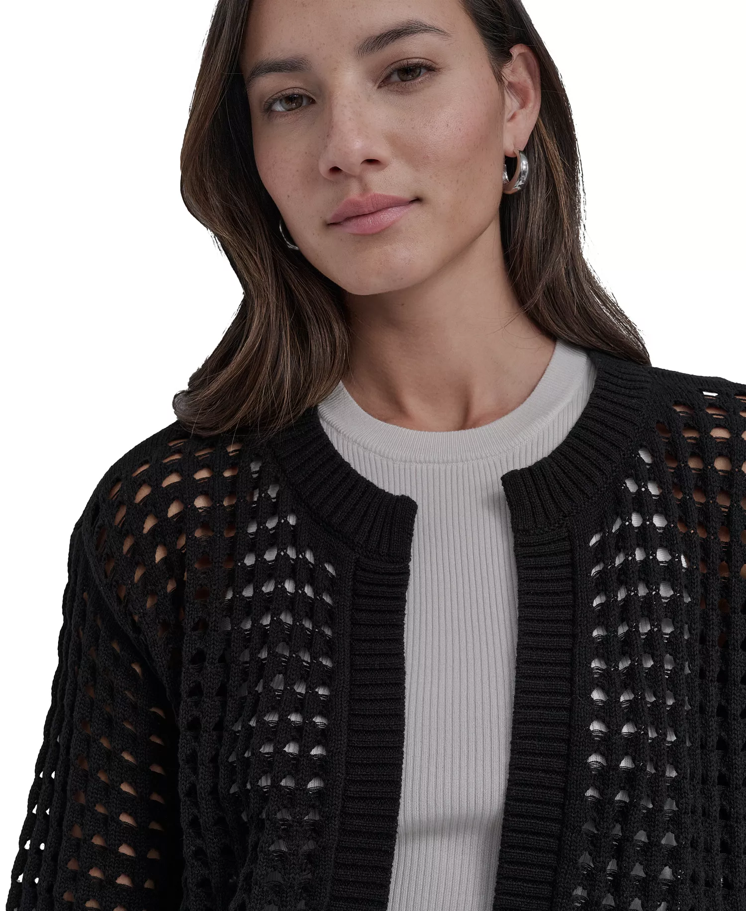 Petite Open-Stitch Cardigan Sweater - Black - P/L