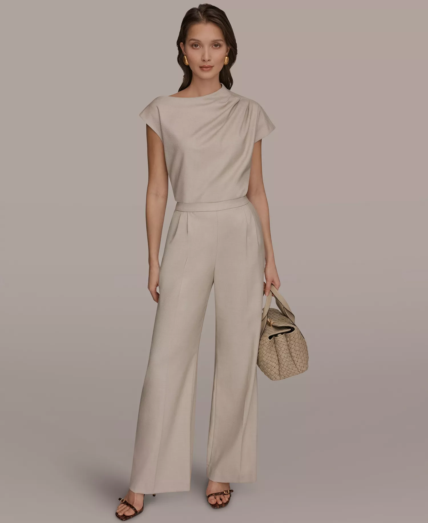 Women's Straight Leg Tie-Waist Pants and Draped Neck Blouse - Tuscan Grey - 0