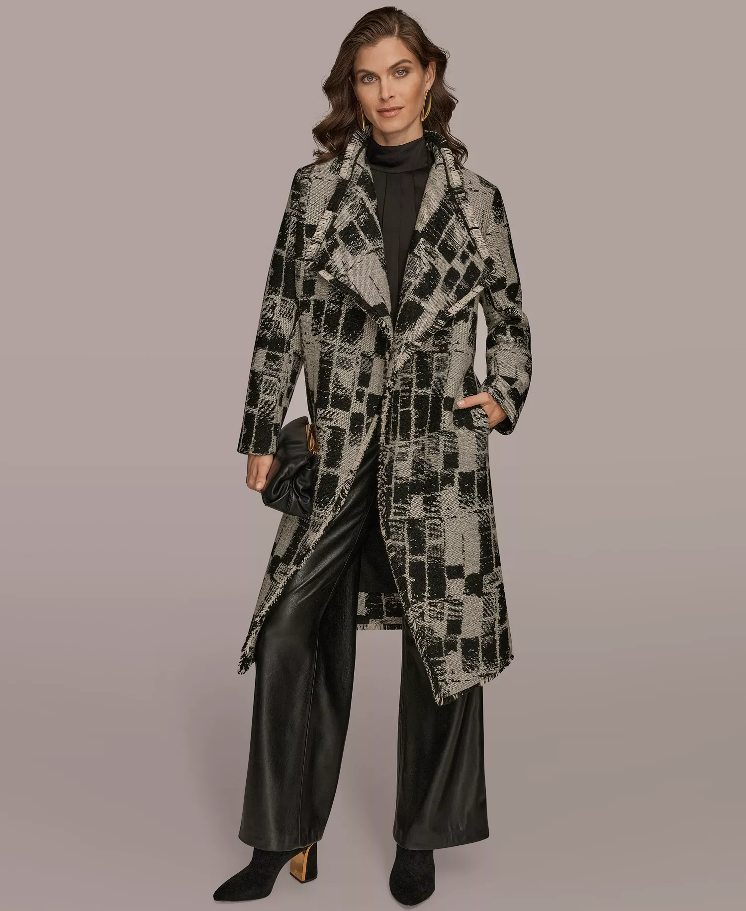 Women's Collared Self Belt Coat - Black/Cream - L