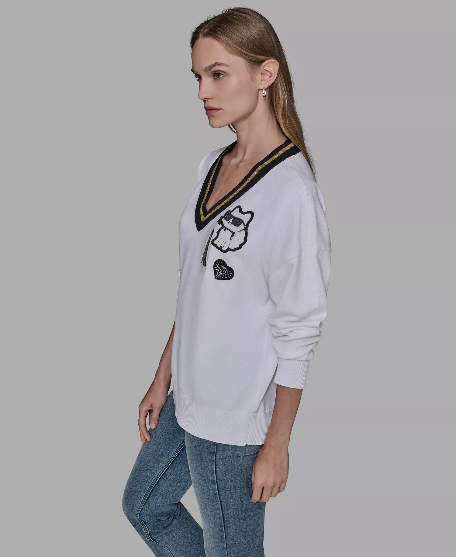 Women's Patch Detail Sweater - Soft White/ Black - L