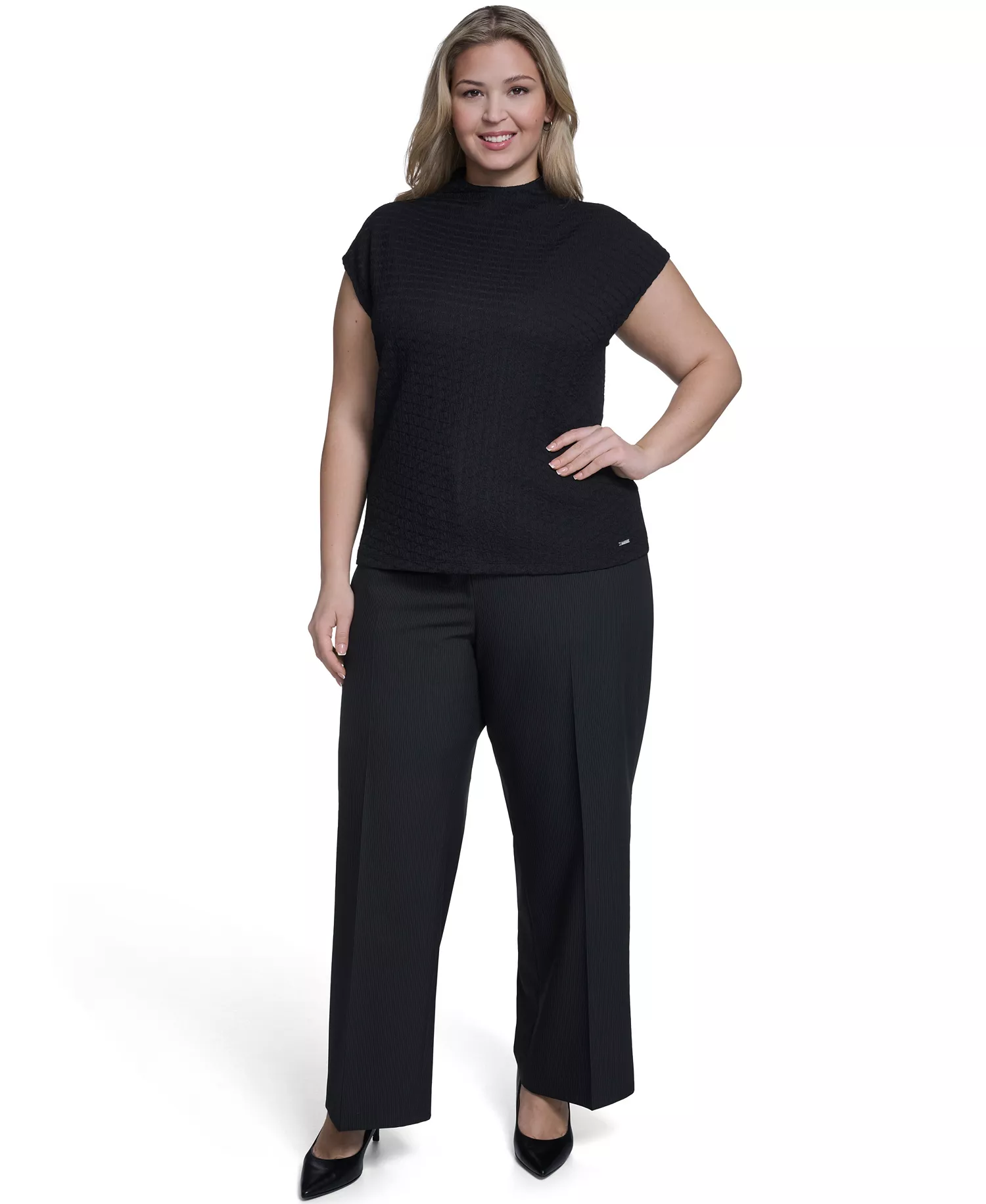 Plus Size Knit Cap Sleeve Top - Black - 1X