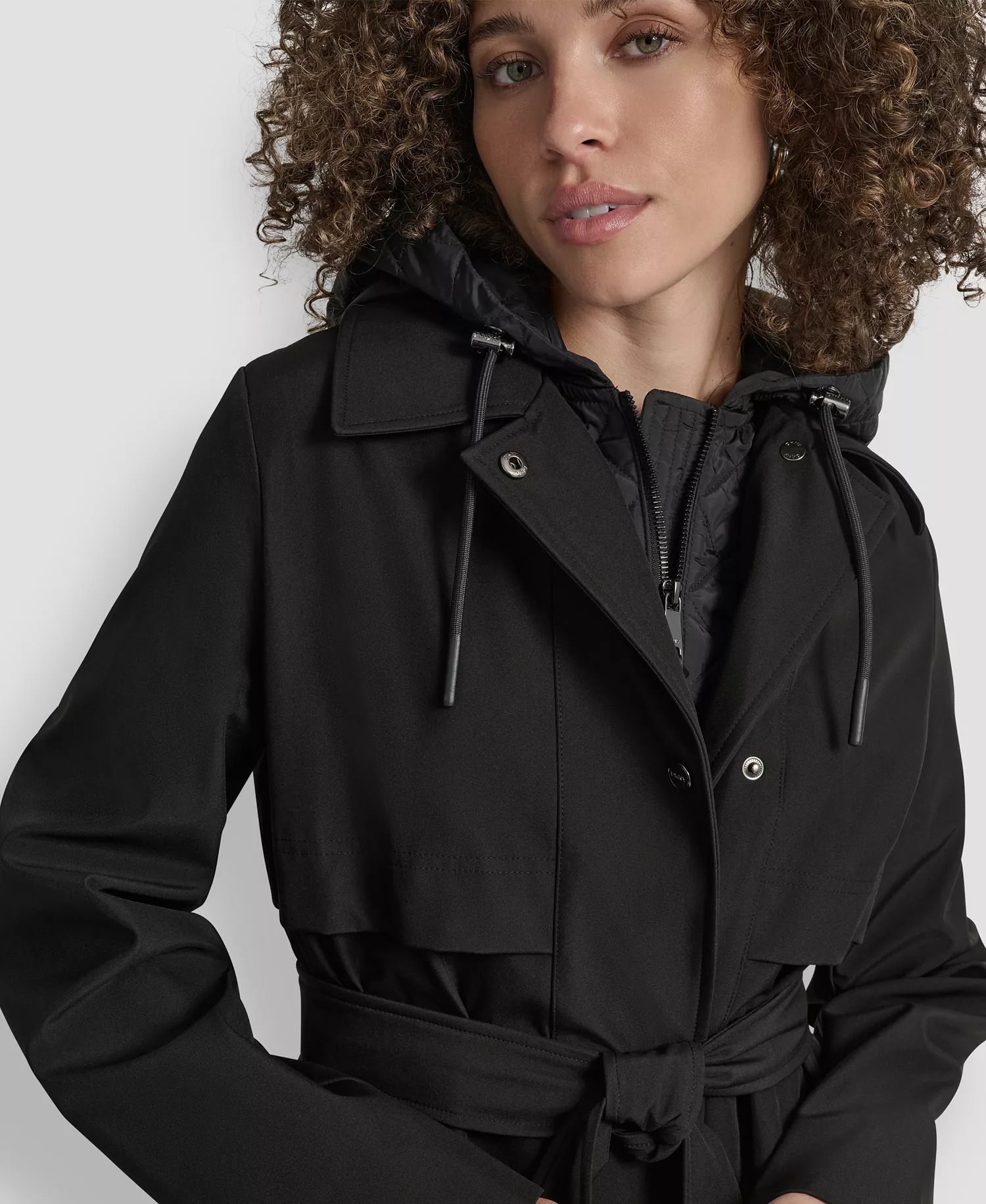Women's Hooded Bibbed Belted Trench Coat - Black - L