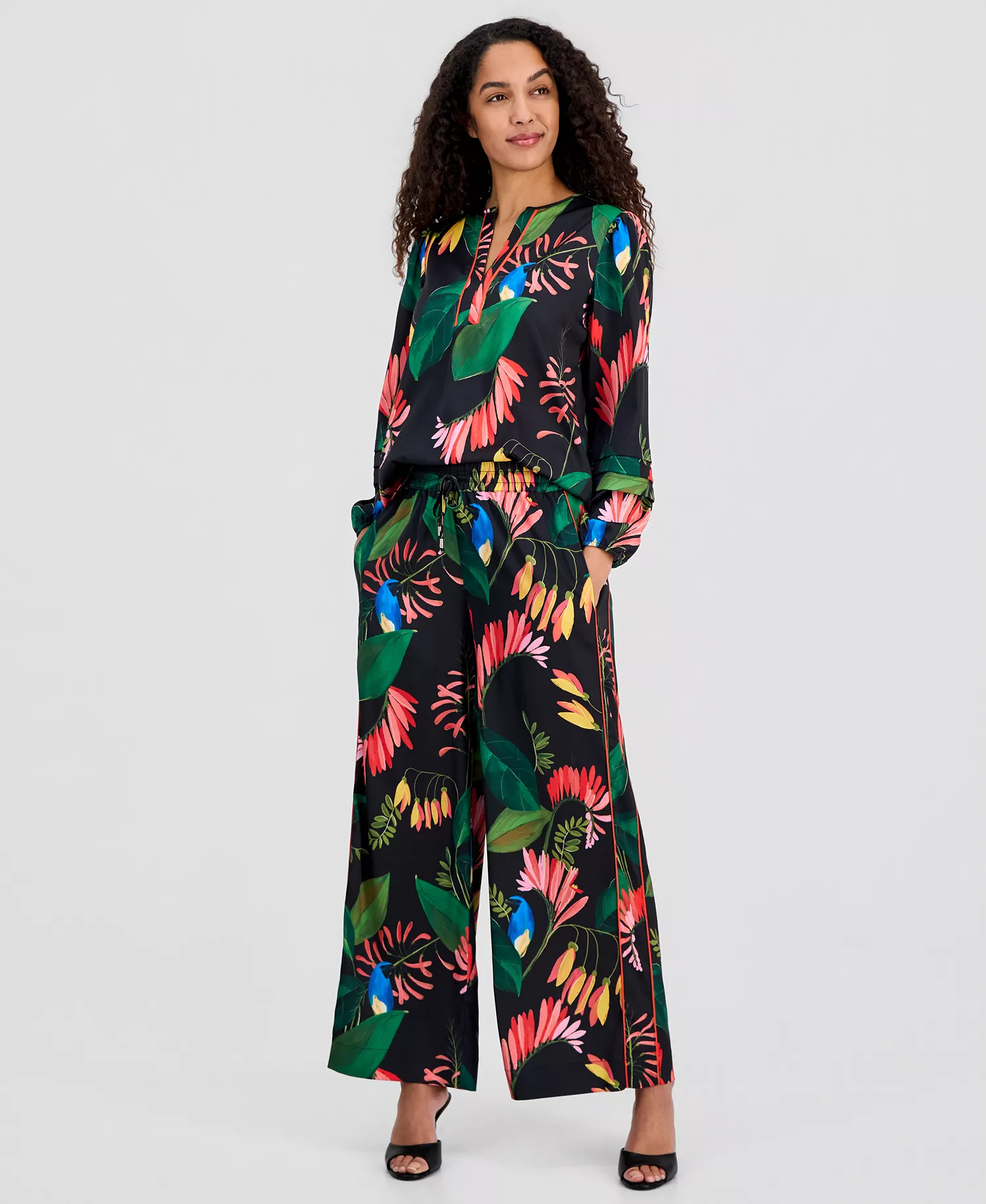 Women's Floral-Print Split-Neck Piping Blouse - Tropical Wonder Print - L