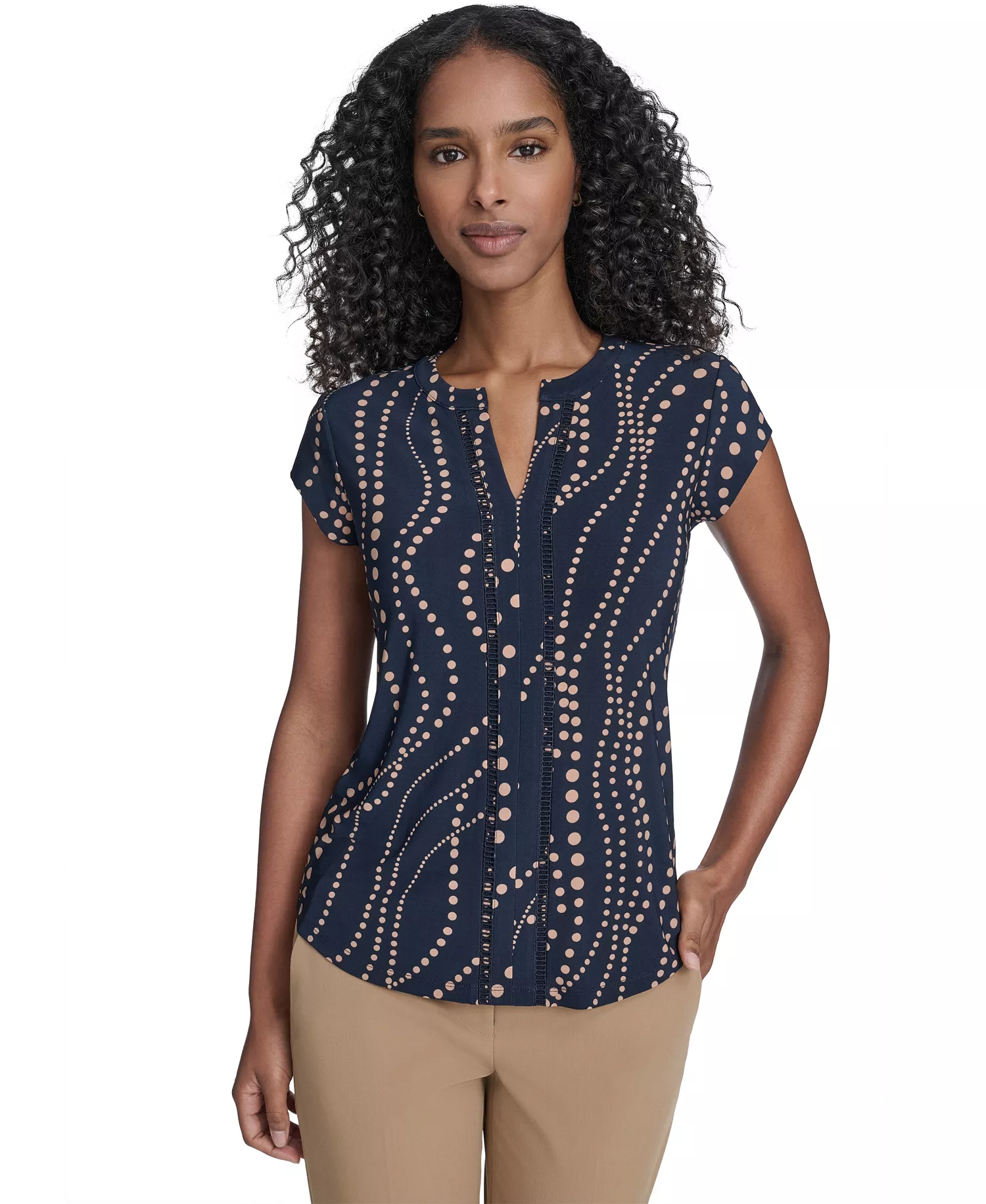 Women's Cascade Dot Cap Sleeve V-Neck Top - Midnight/ Brown Sugar - S