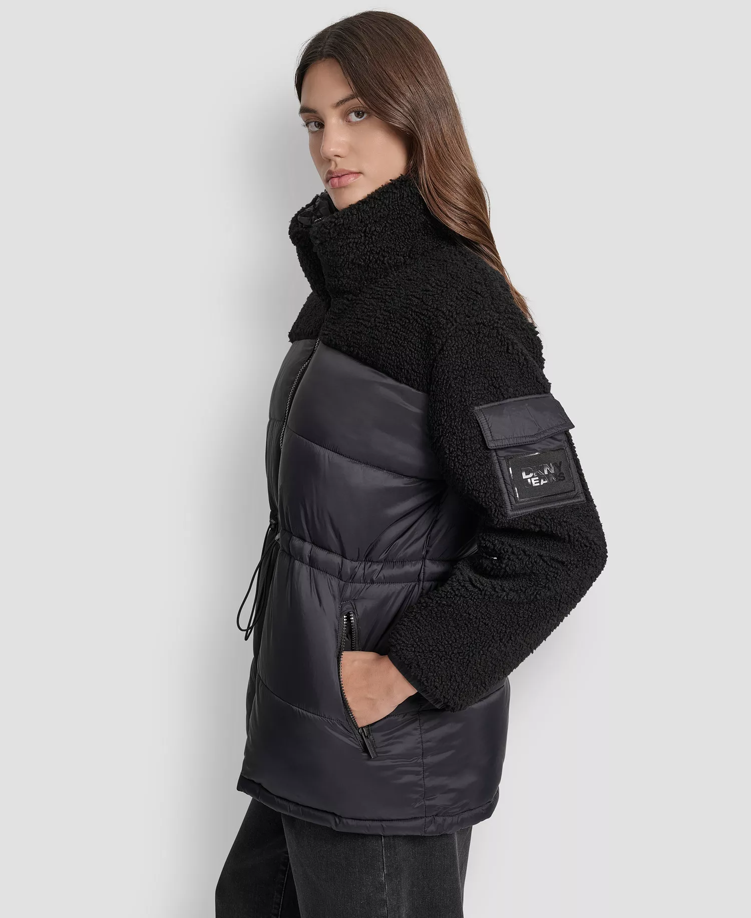 Women's Faux-Sherpa Puffer Mixed Coat - BLK - BLACK - L