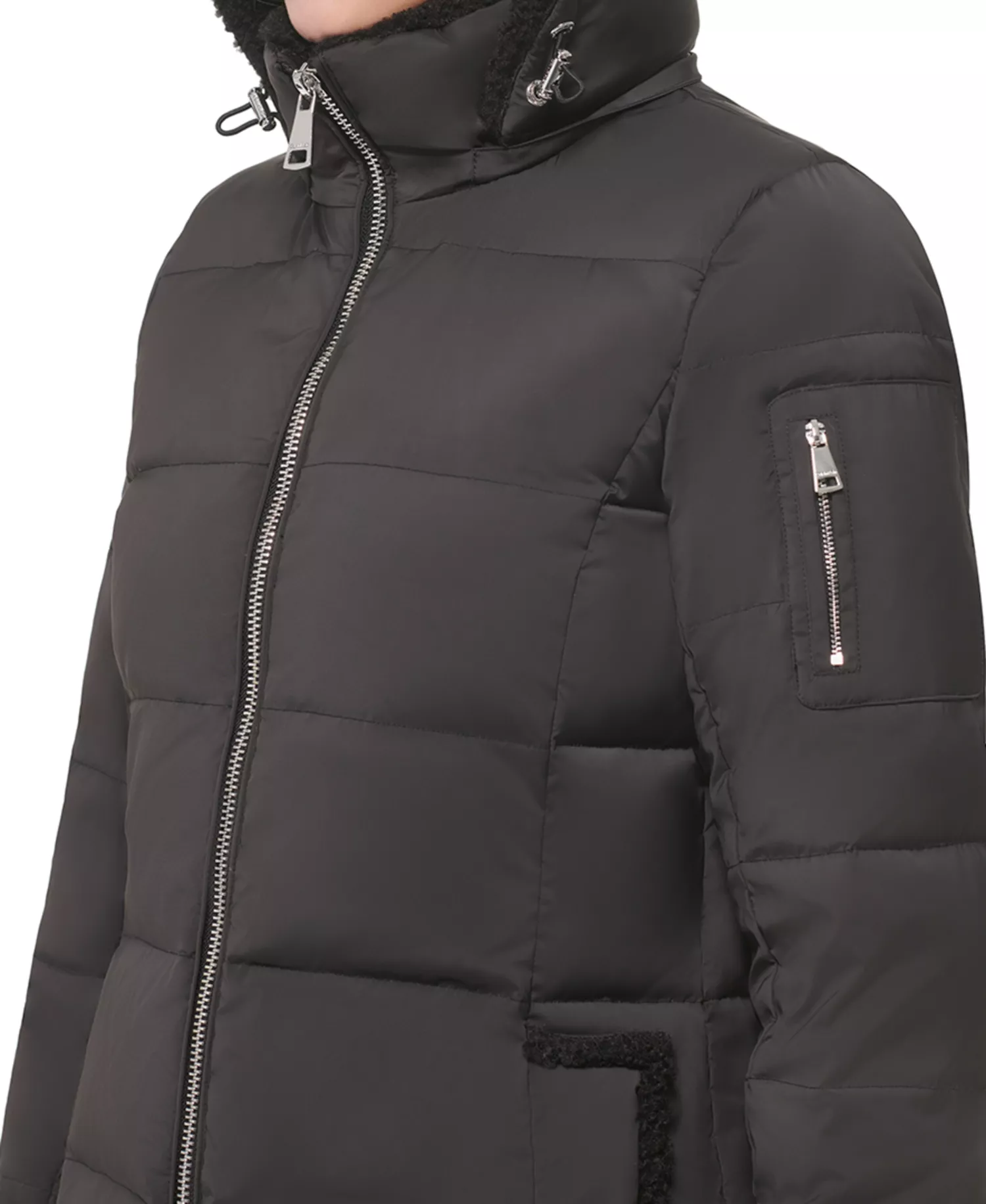 Women's Sherpa-Trimmed Hooded Down Puffer Coat - Black - S