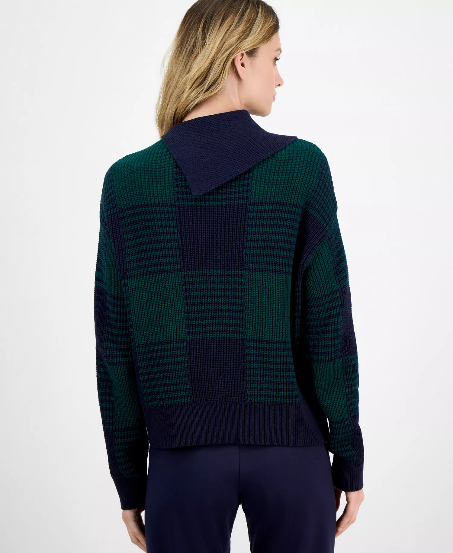 Nautica Women's Buffalo Plaid Asymmetrical-Neckline Sweater - Night Sky/ Forest - L