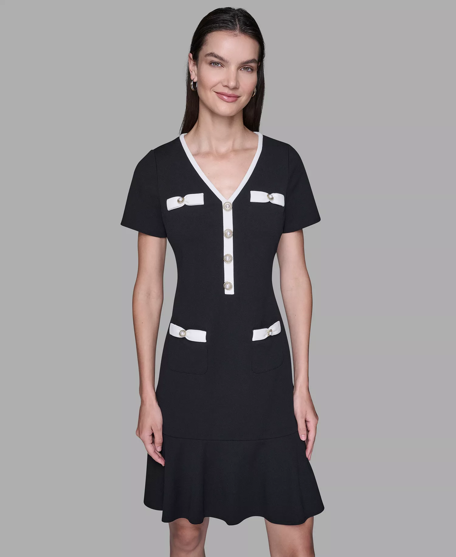 Women's V-Neck Short-Sleeve Sheath Dress - Black/ Soft White - 0