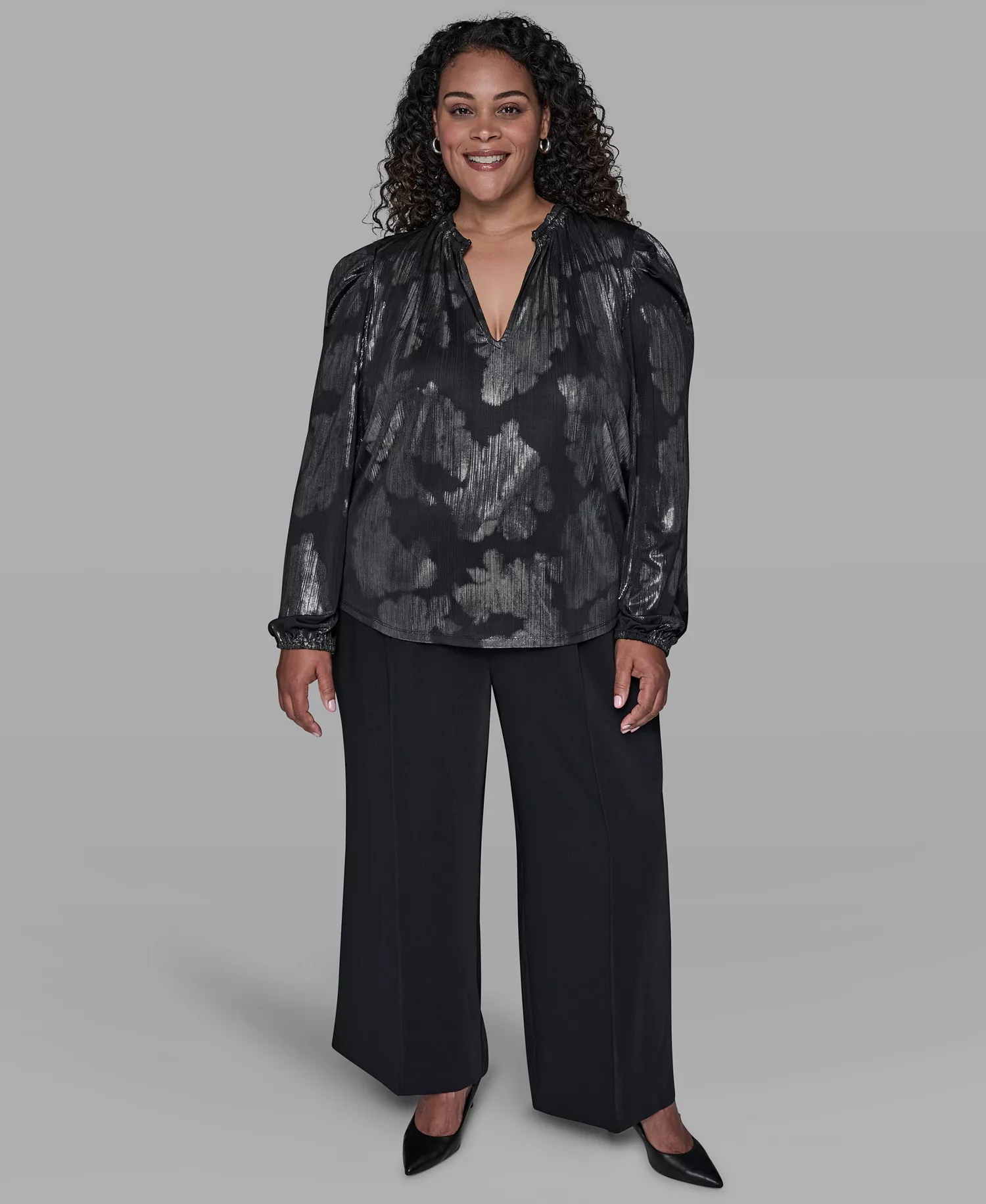 Plus Size Long Sleeve Top - Black/Silver - 0X