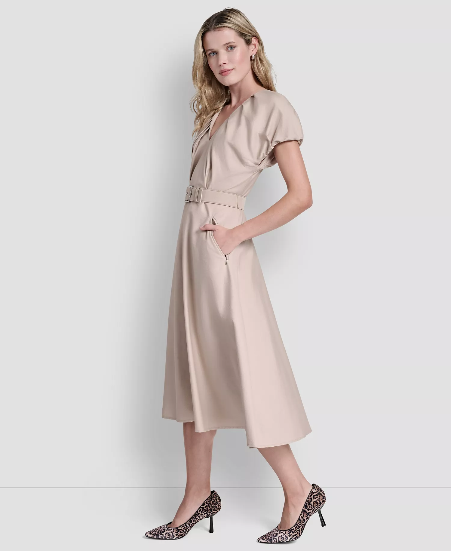 Women's V-Neck Belted Midi Dress - Moonlight - 10