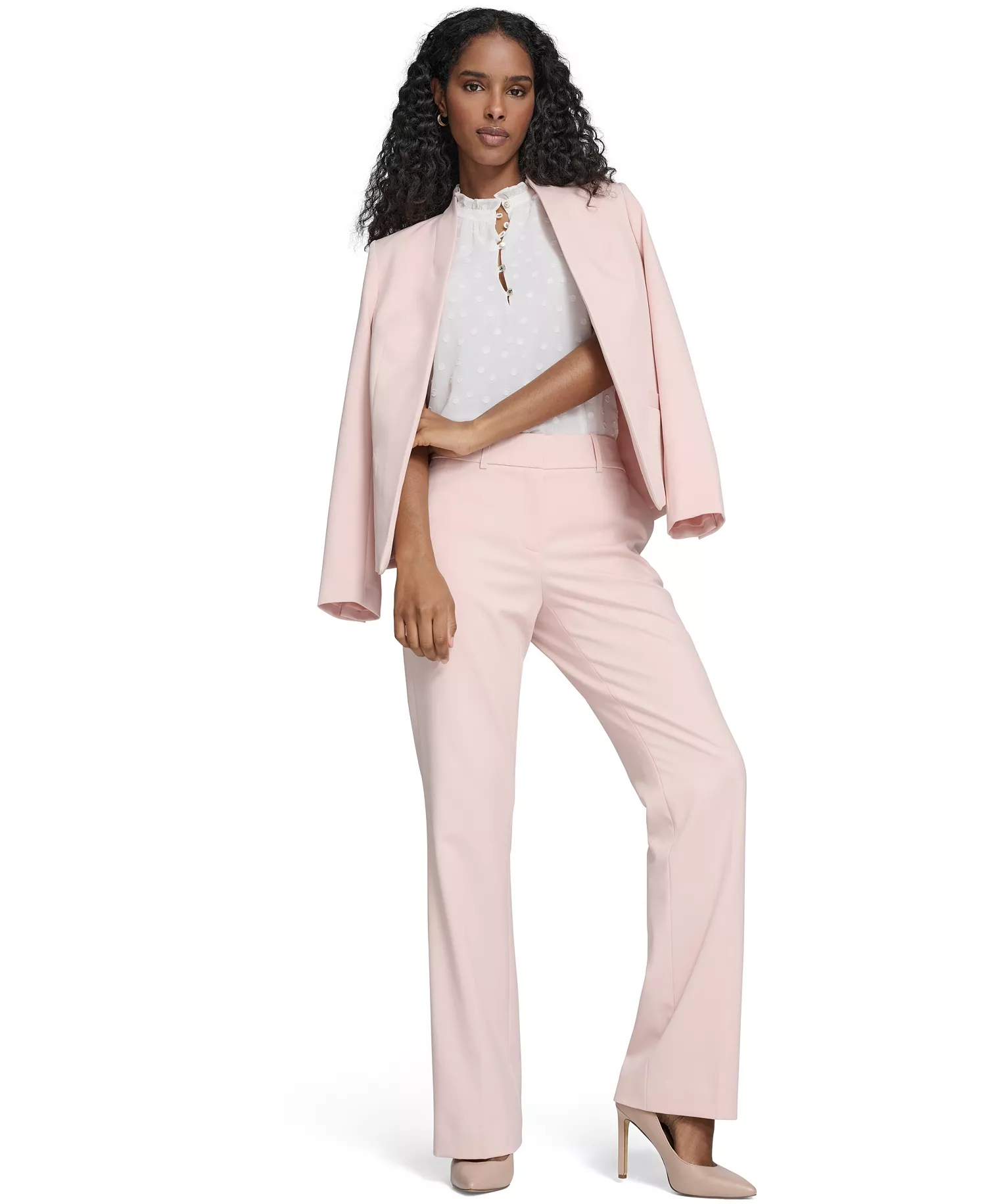 Women's Collarless Open-Front Jacket, Solid Bootcut Trouser Pants and Clip Dot Ruffle Popover Top - Evening Sand - 0