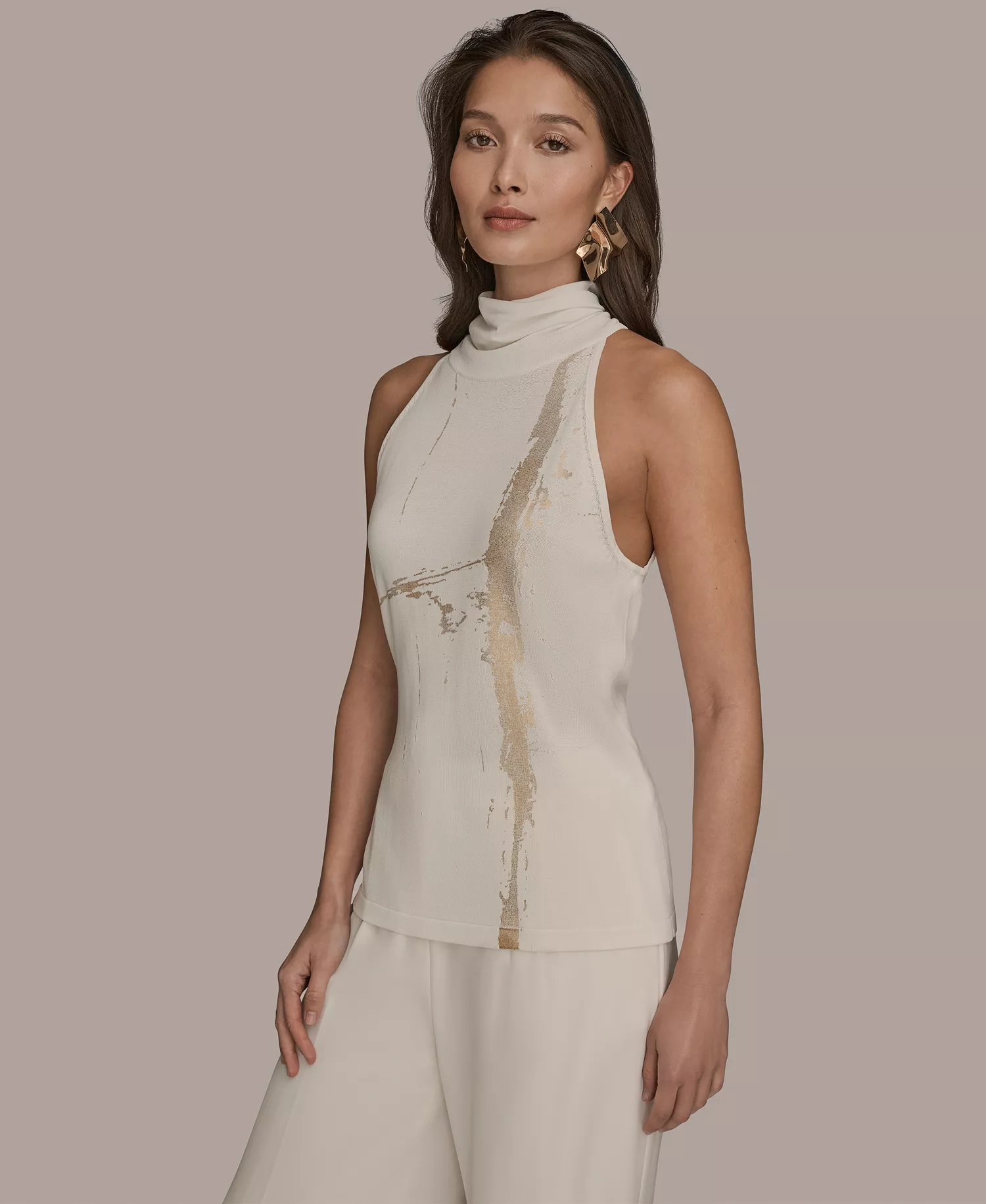 Women's Printed Turtle Neck Top - Cream - L