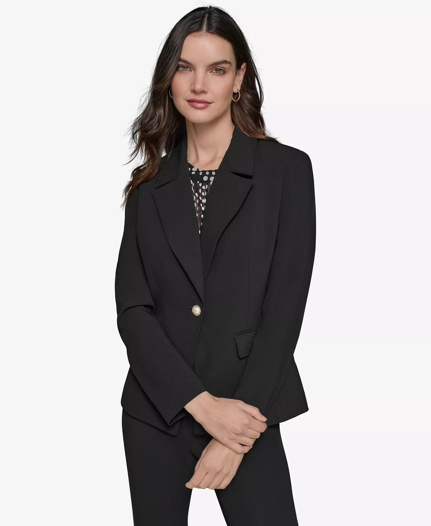 Women's Notched-Lapel Single-Button Blazer, Ruffled Rib-Knit Sleeveless Top & Pleated Button-Front Skirt - Black - 8