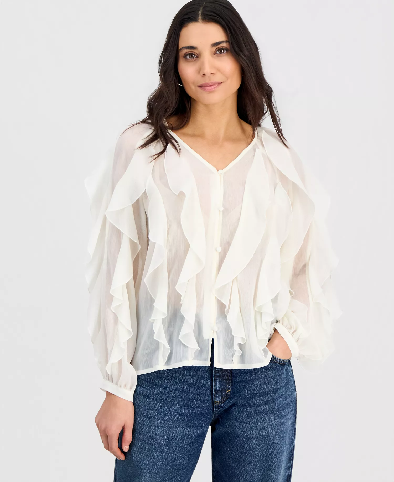 Petite V-Neck Ruffled Blouse, Created for Macy's - Vintage Cream - P/L