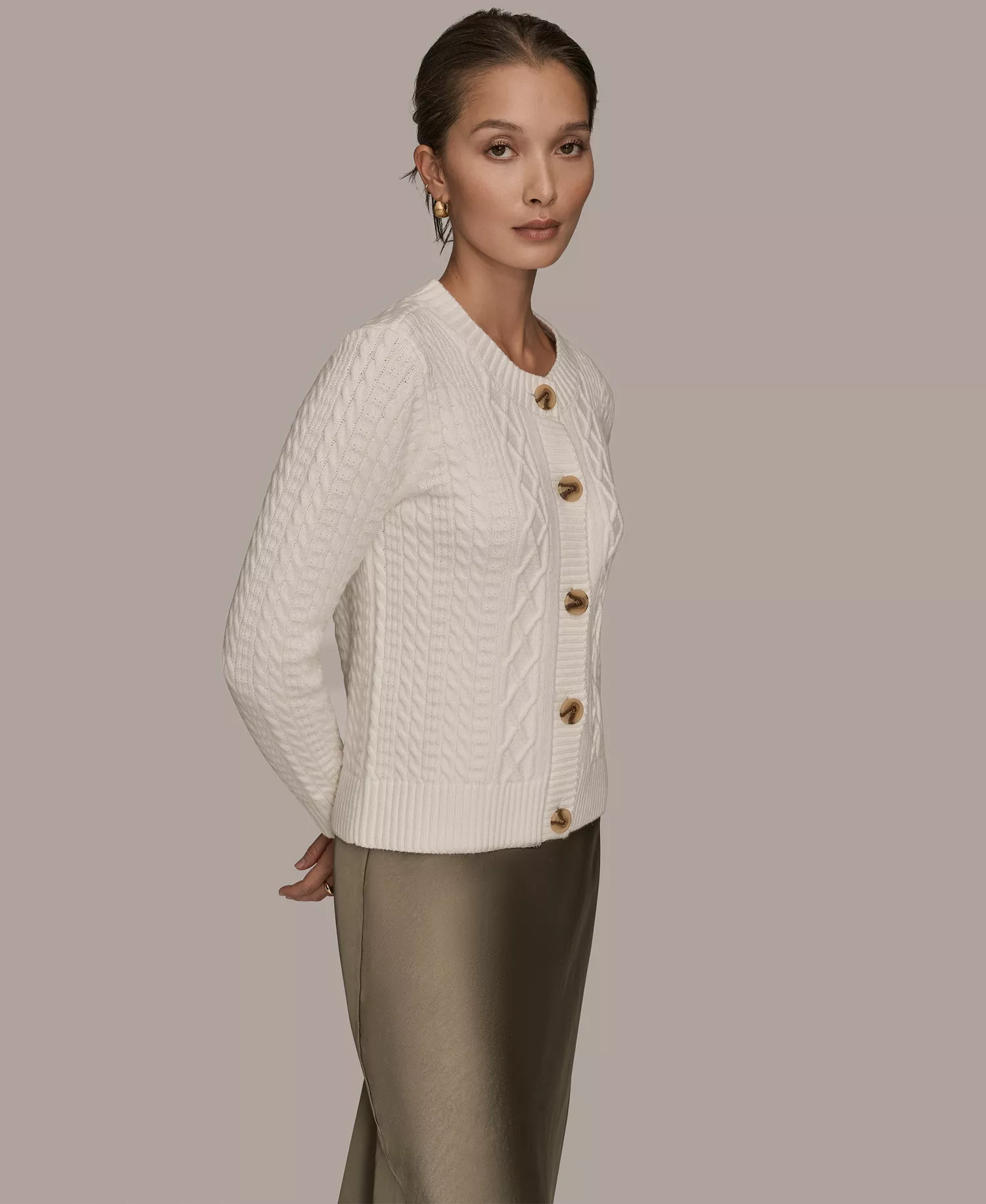 Women's Long Sleeve Button Front Mixed Cable Cardigan - Cream - L