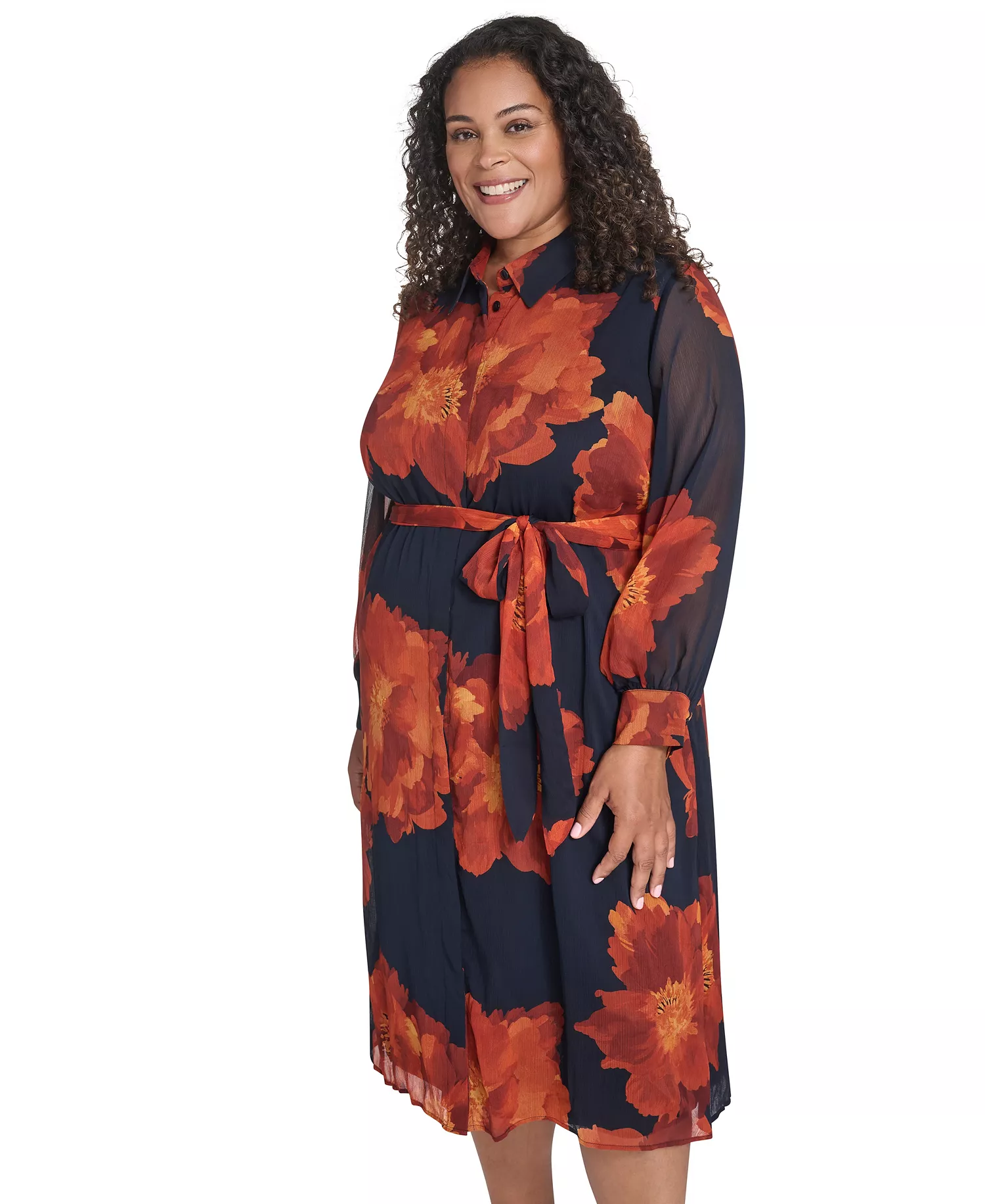 Plus Size Long-Sleeve Printed Midi Dress - Indigo Multi - 22W