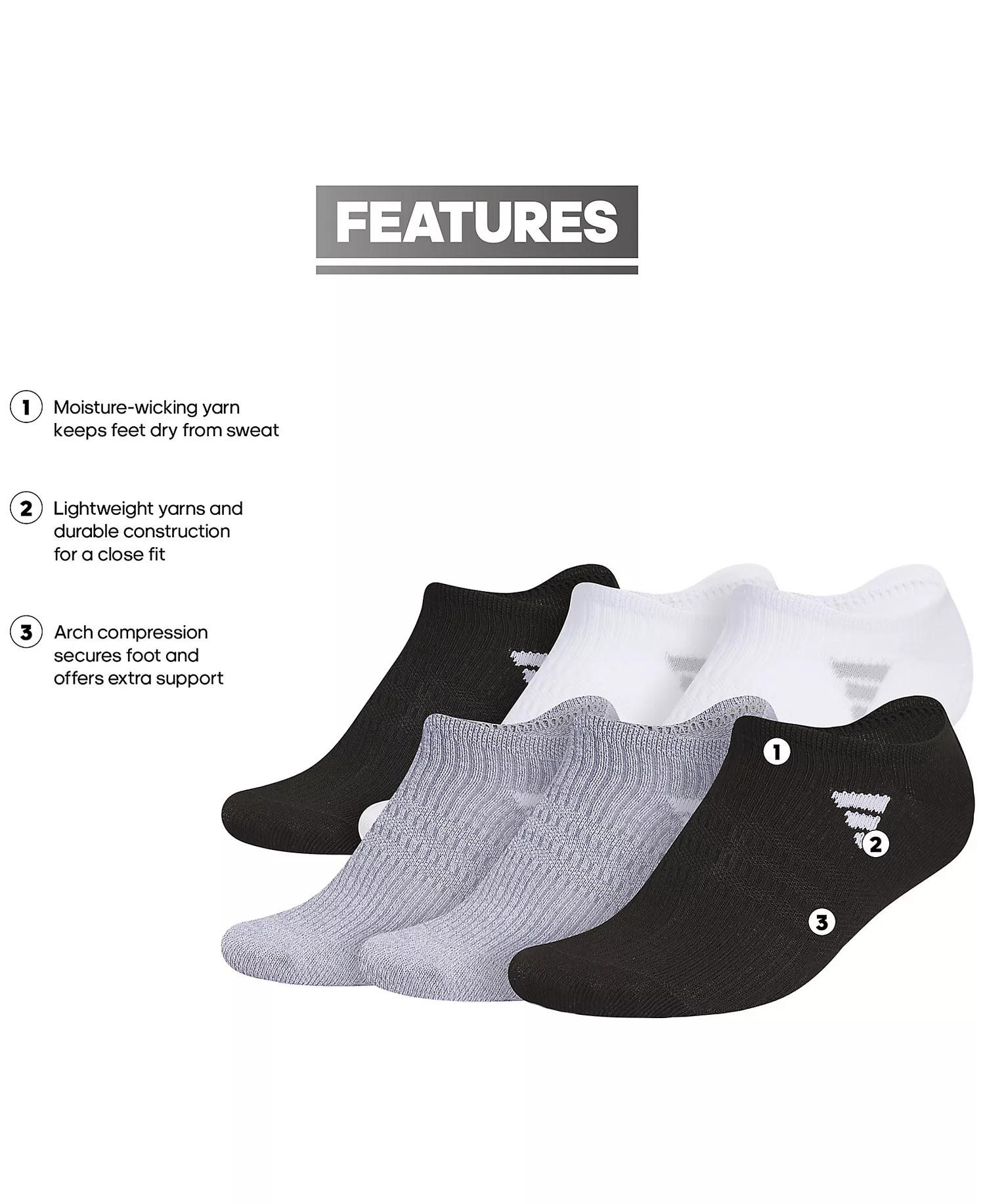 Women's 6-Pk. Superlite 3.0 No Show Socks - Black/Light Grey/White - ONE SIZE