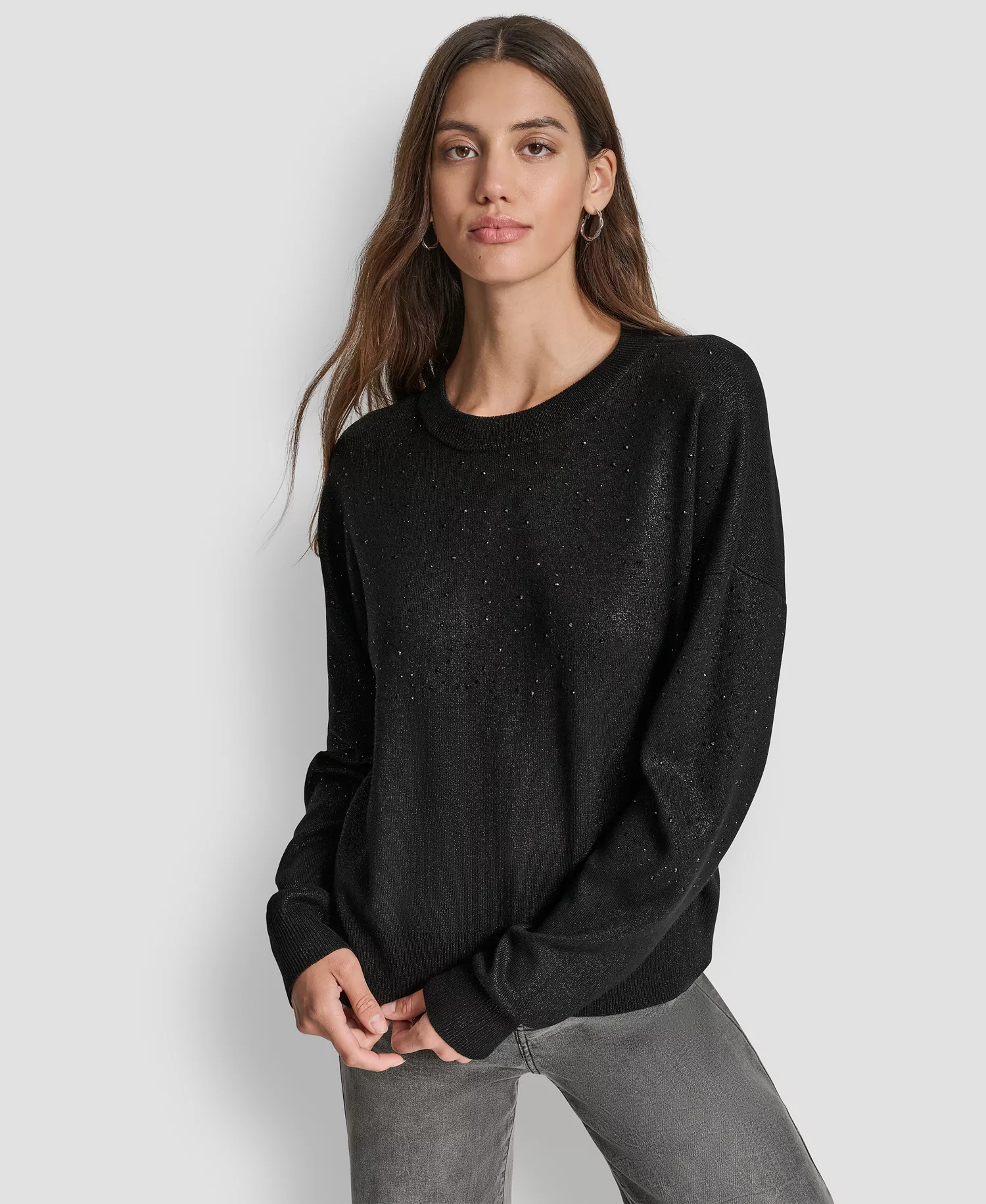 Women's Sparkle Hotfix Long Sleeve Sweater - Black - L