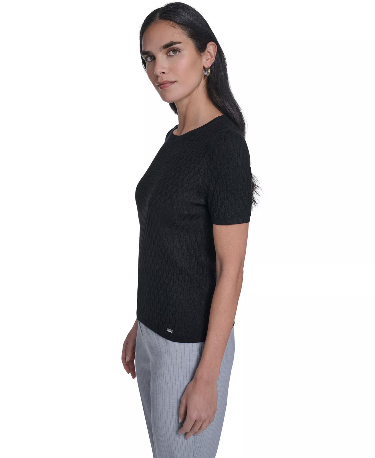 Women's Short-Sleeve Textured Sweater - Black - L