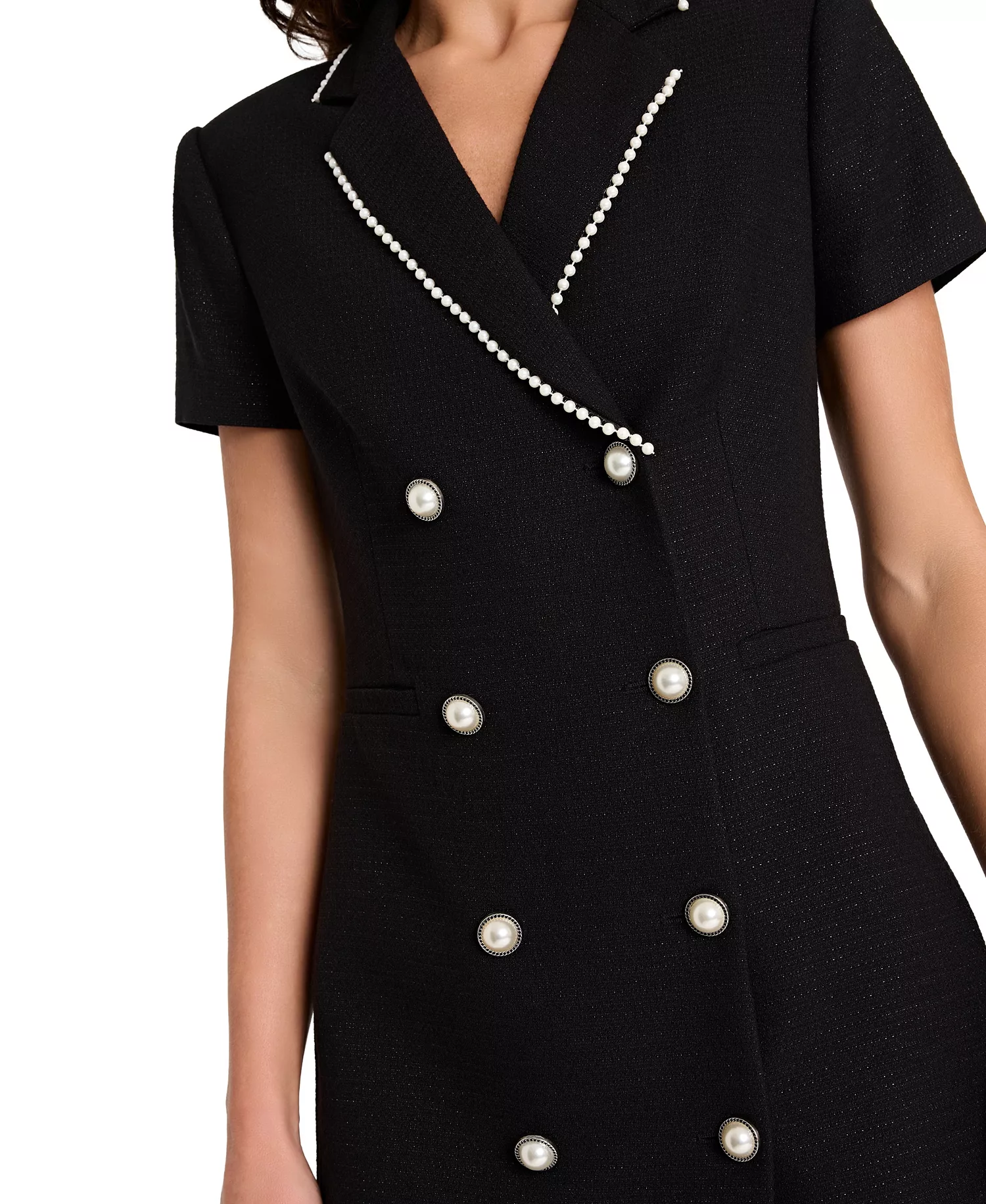Women's Imitation Pearl Trim Boucle Coat Dress - Black - 16