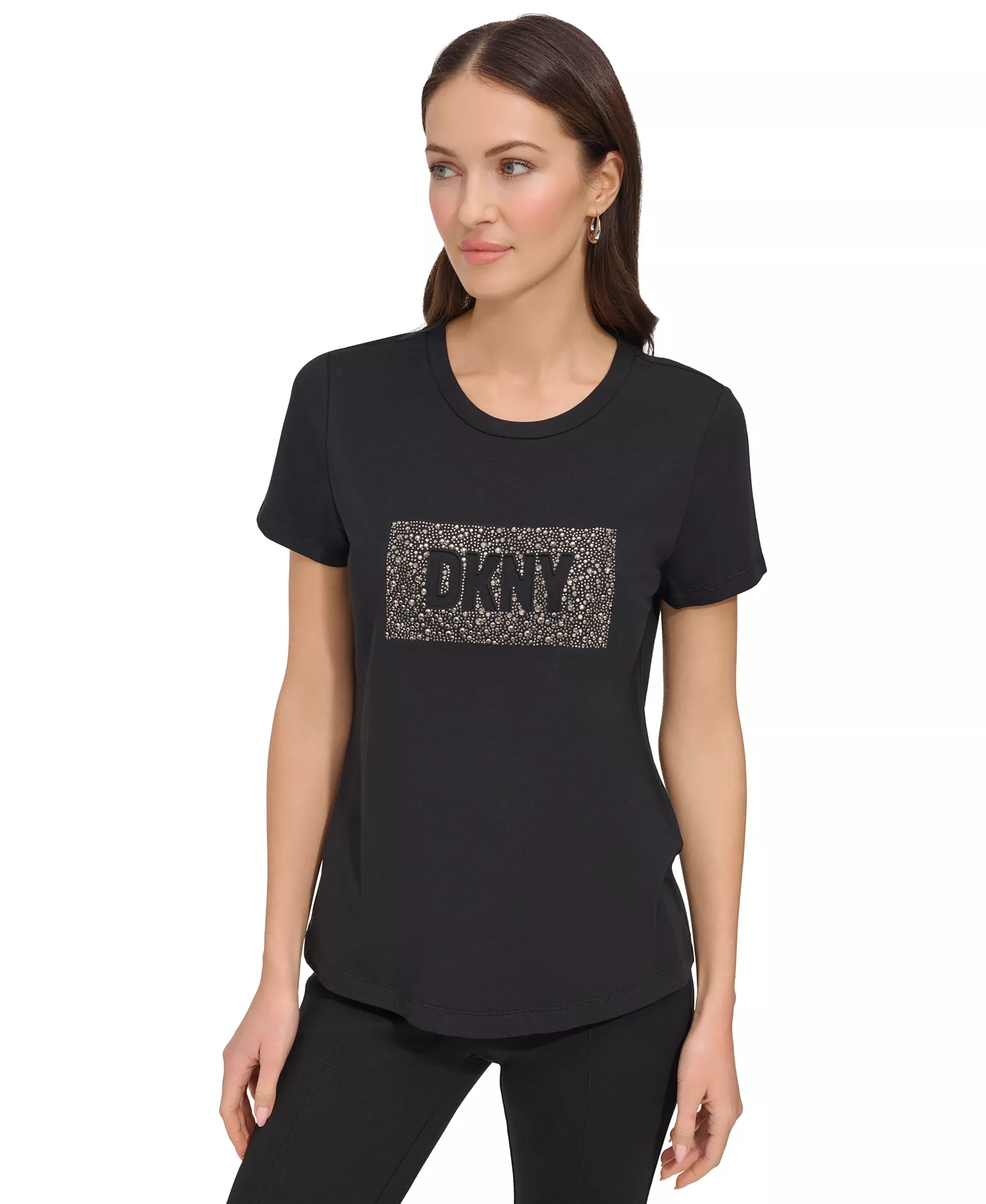 Women's Studded-Logo Crewneck Short-Sleeve Top - Black - L