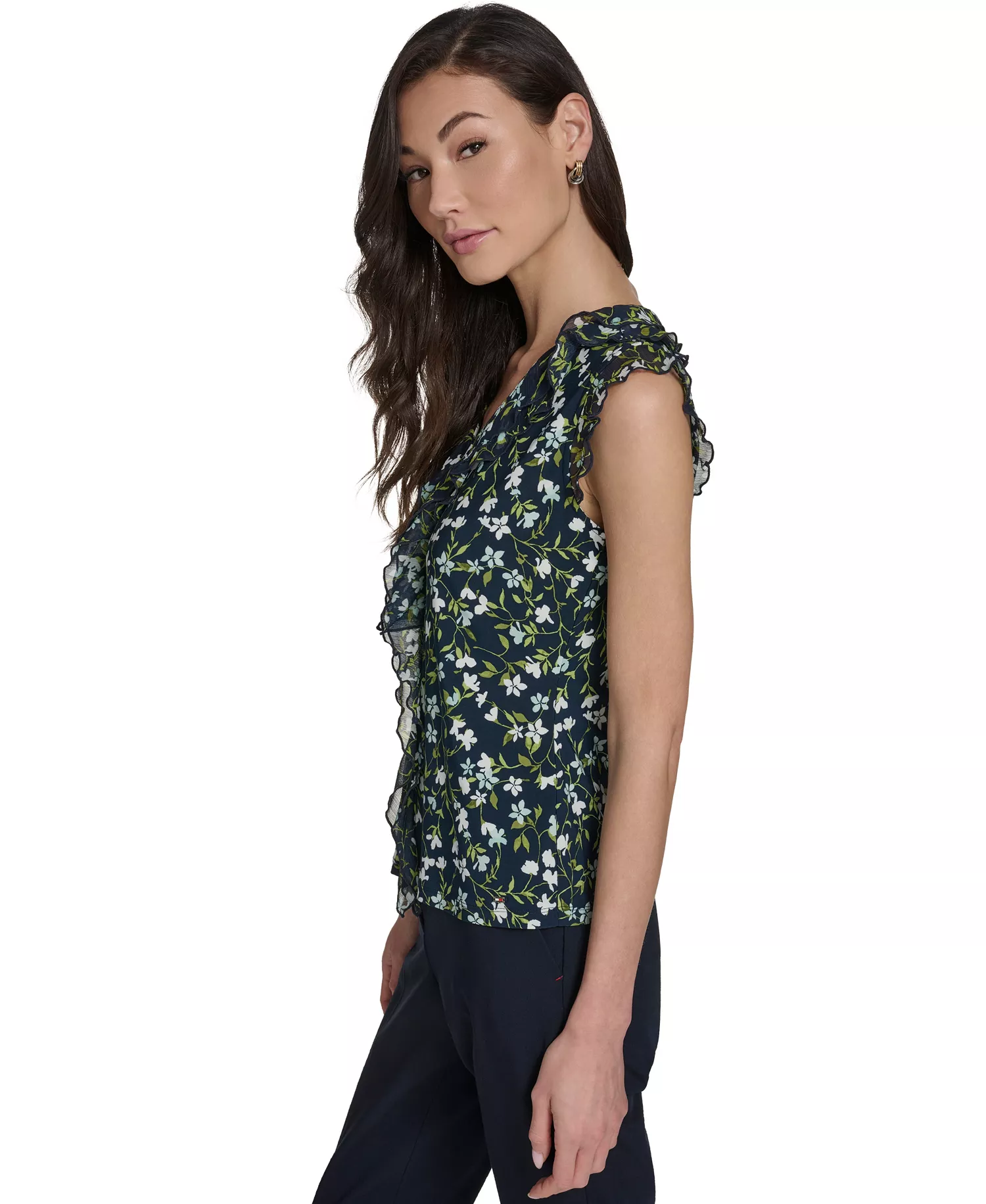 Women's Floral Vine Mixed Media Ruffle Top - Midnight/Harbor Gray - L