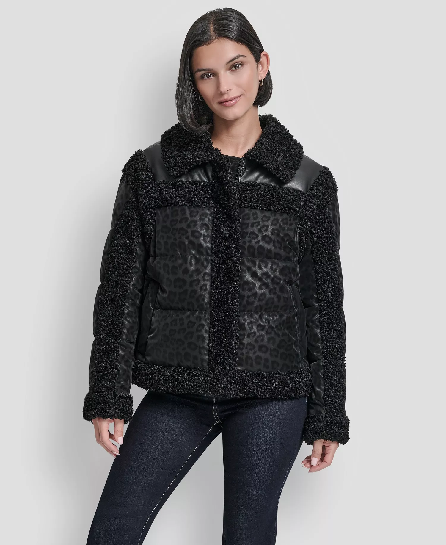 Women's Collared Mixed Media Cheetah Tech Jacket - Black - L