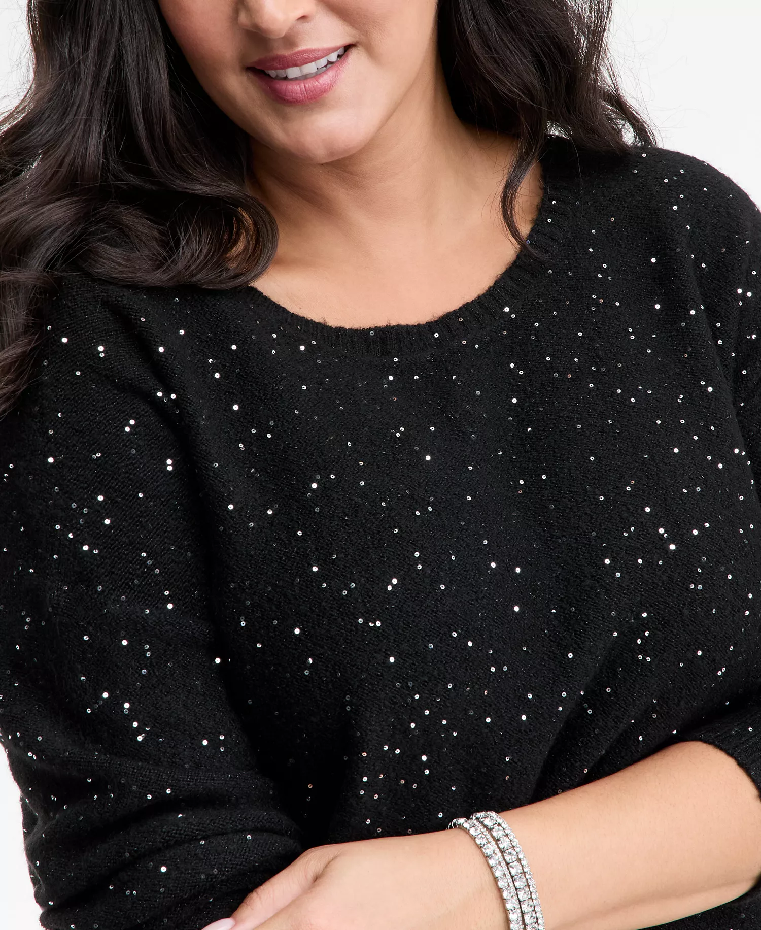 Plus Size Roving Sequin Boat-Neck Tunic Sweater, Macy's Exclusive  - Deep Black - 0X