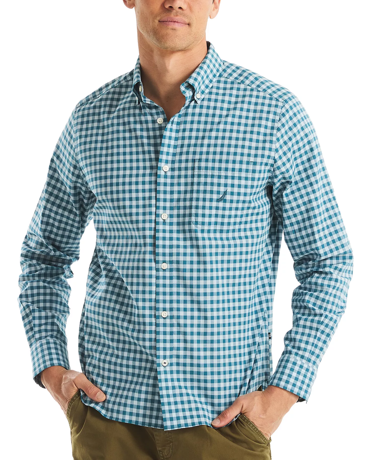 Men's Long Sleeve Check Button-Down Shirt - Blue Coral - M