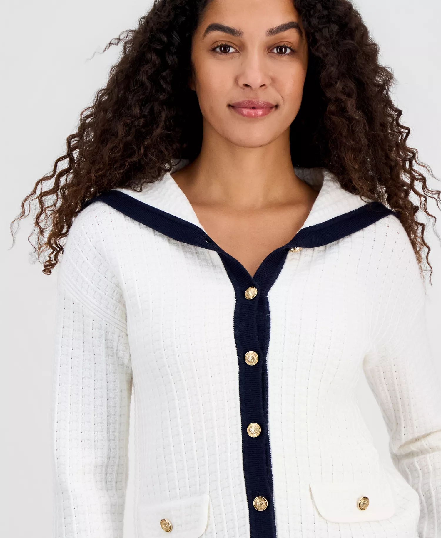 Women's Sailor-Collar Tipped Cardigan - White Star - L