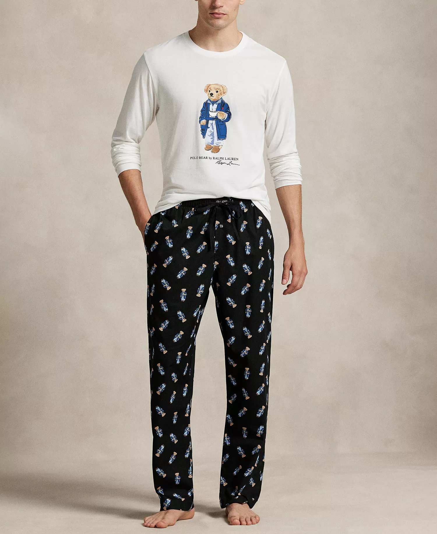 Men's Knit Long-Sleeve Crewneck T-Shirt and Pajama Pants, 2-Piece Set - White/Black - L