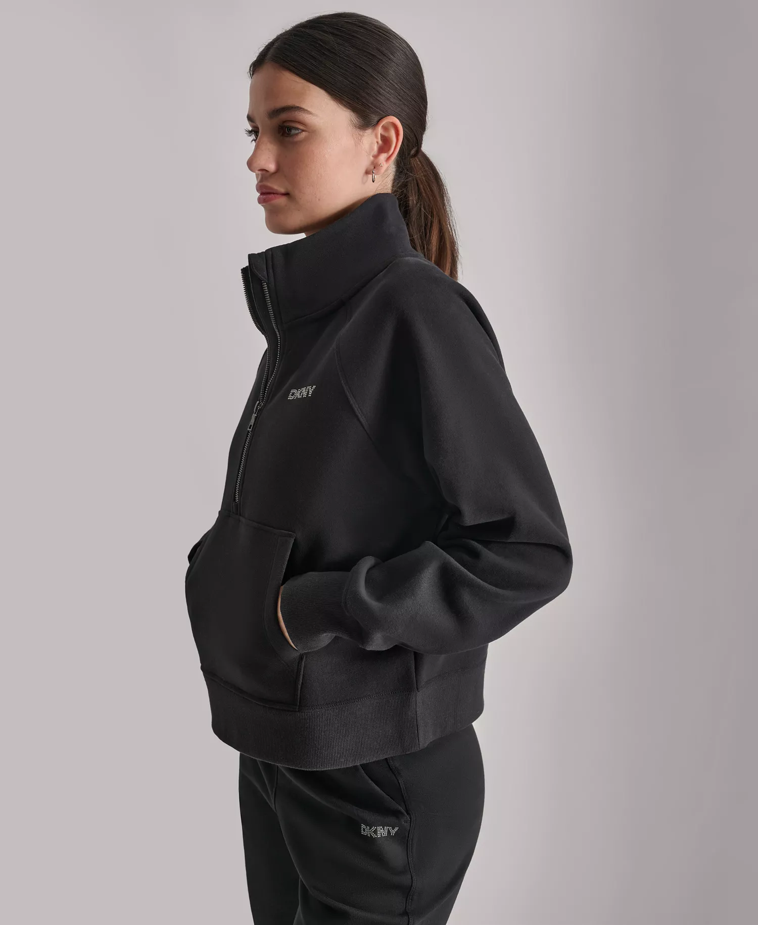 DKNY Women's Studded-Logo Half-Zip Sweatshirt - Black - L