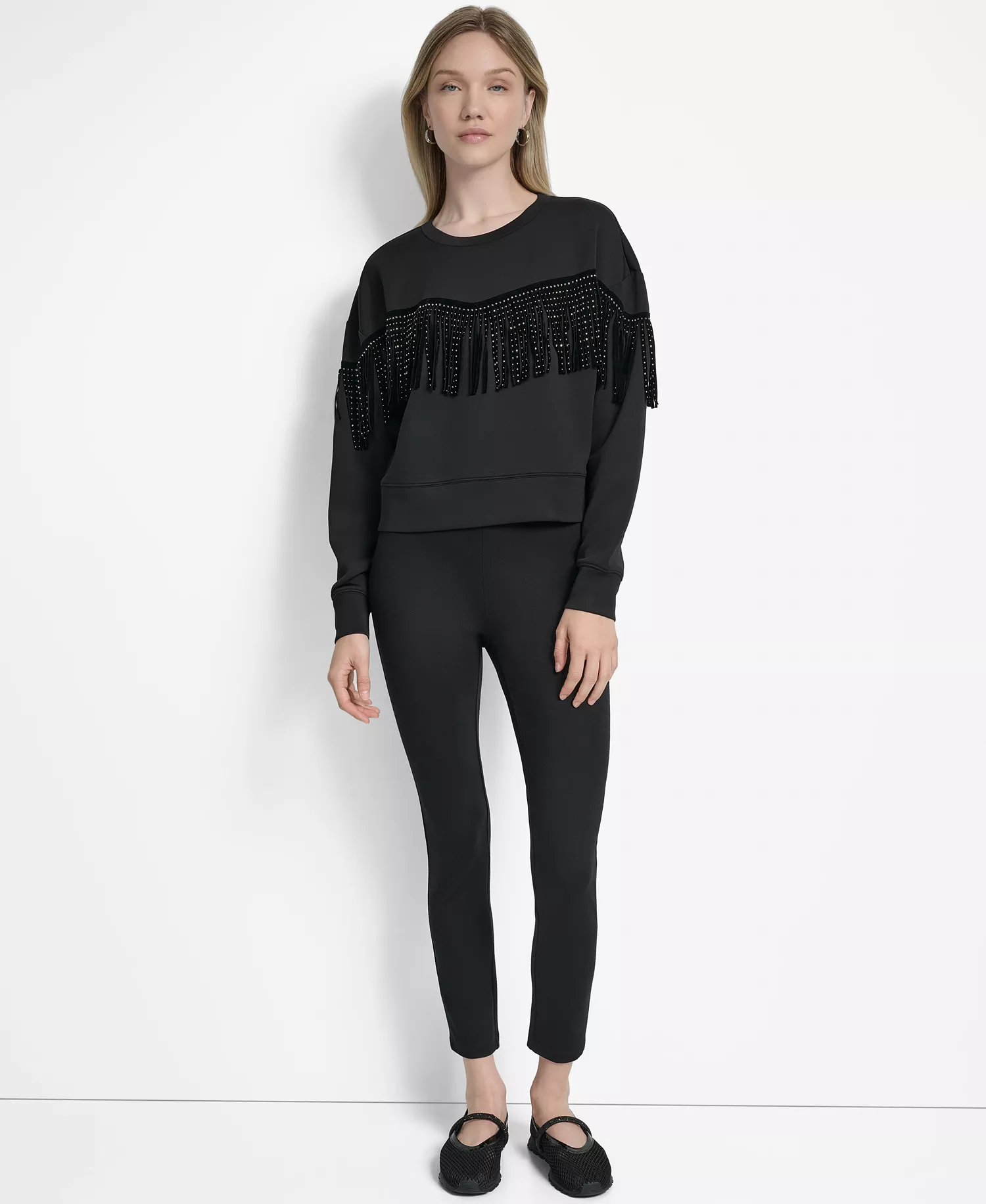 Women's Long Sleeve Studded Fringe Pullover  - Black - M