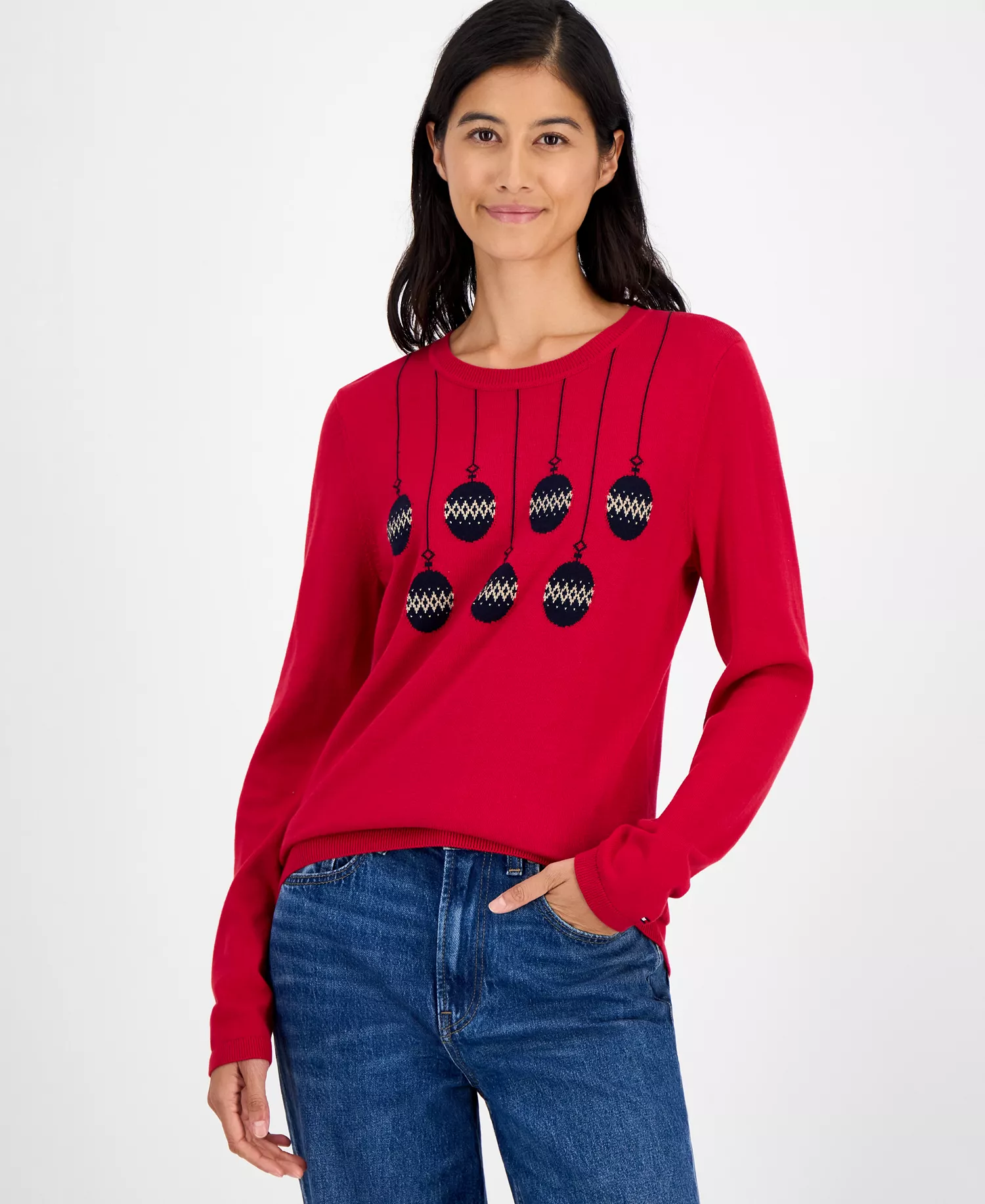 Women's Cotton Holiday V-neck sweater - Chili Pepper - L