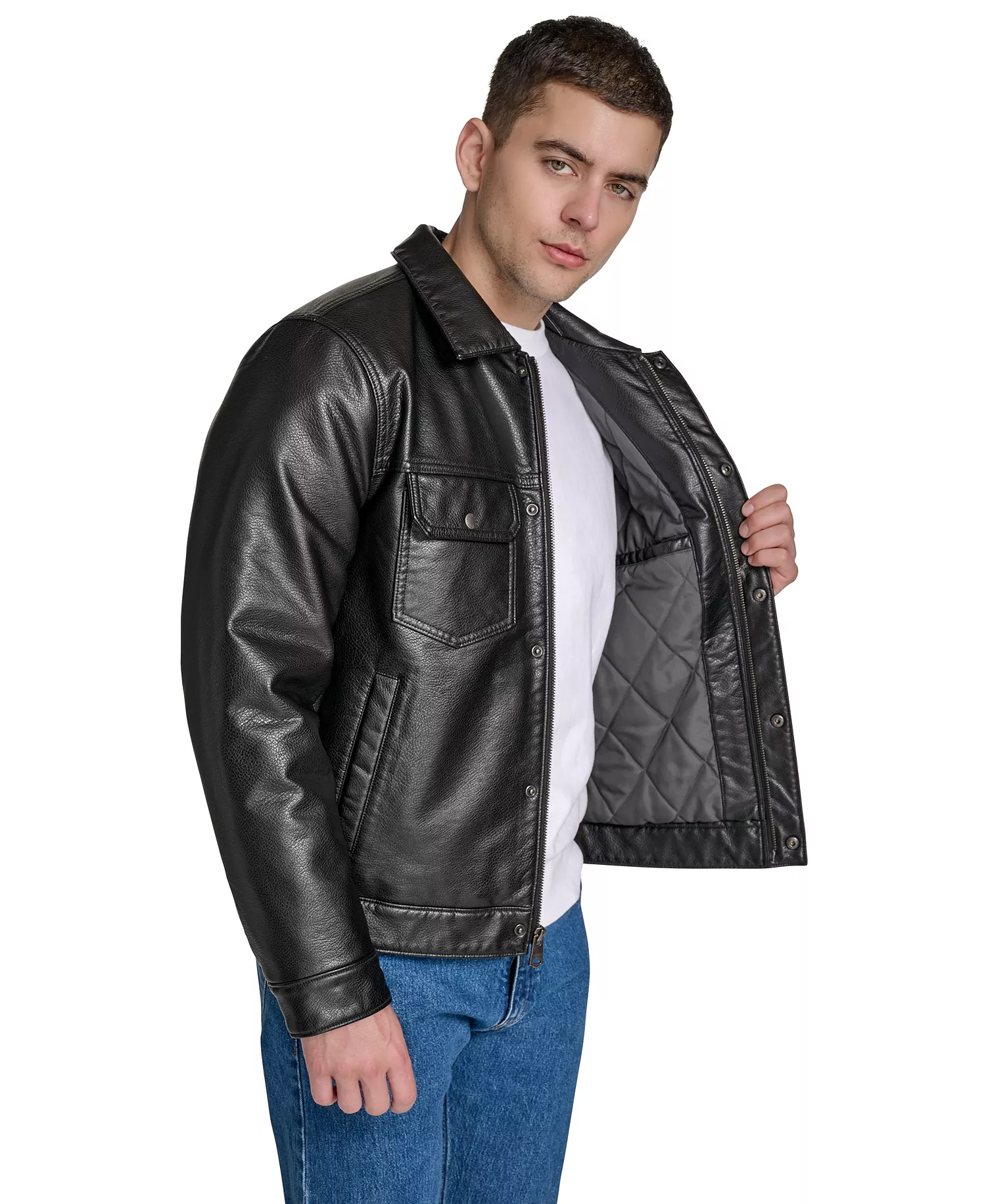 Men's Faux Leather Trucker Jacket - Black - 2XL