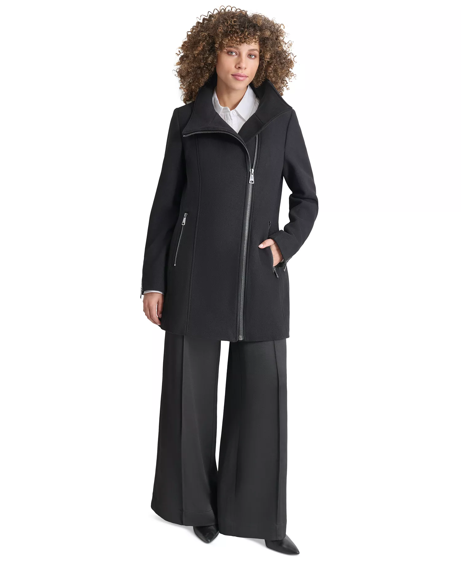 Women's Asymmetrical Zip Coat - Black - L