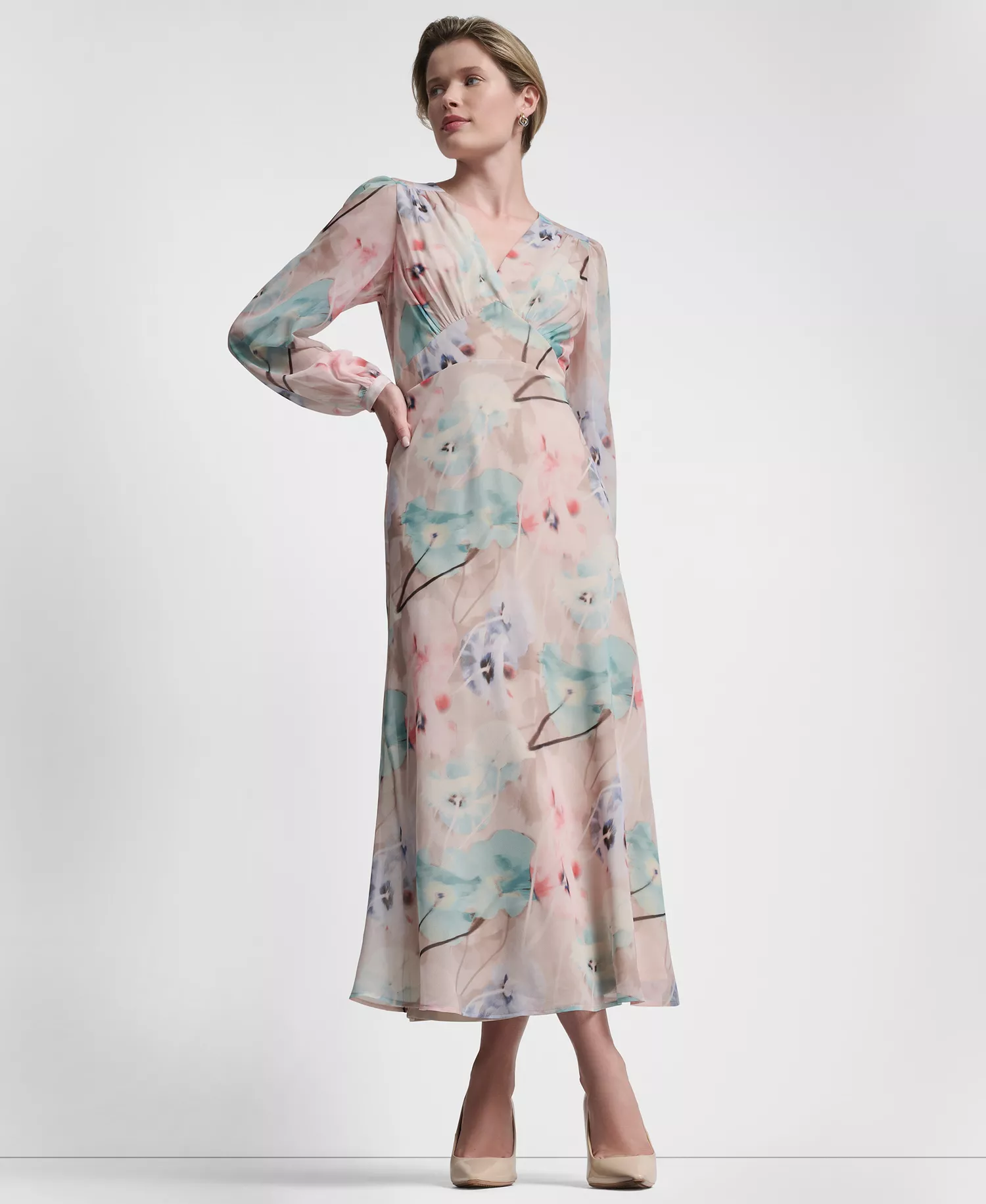 Women's V-Neck Fit and Flare Long Dress - Moonlight Multi - 10