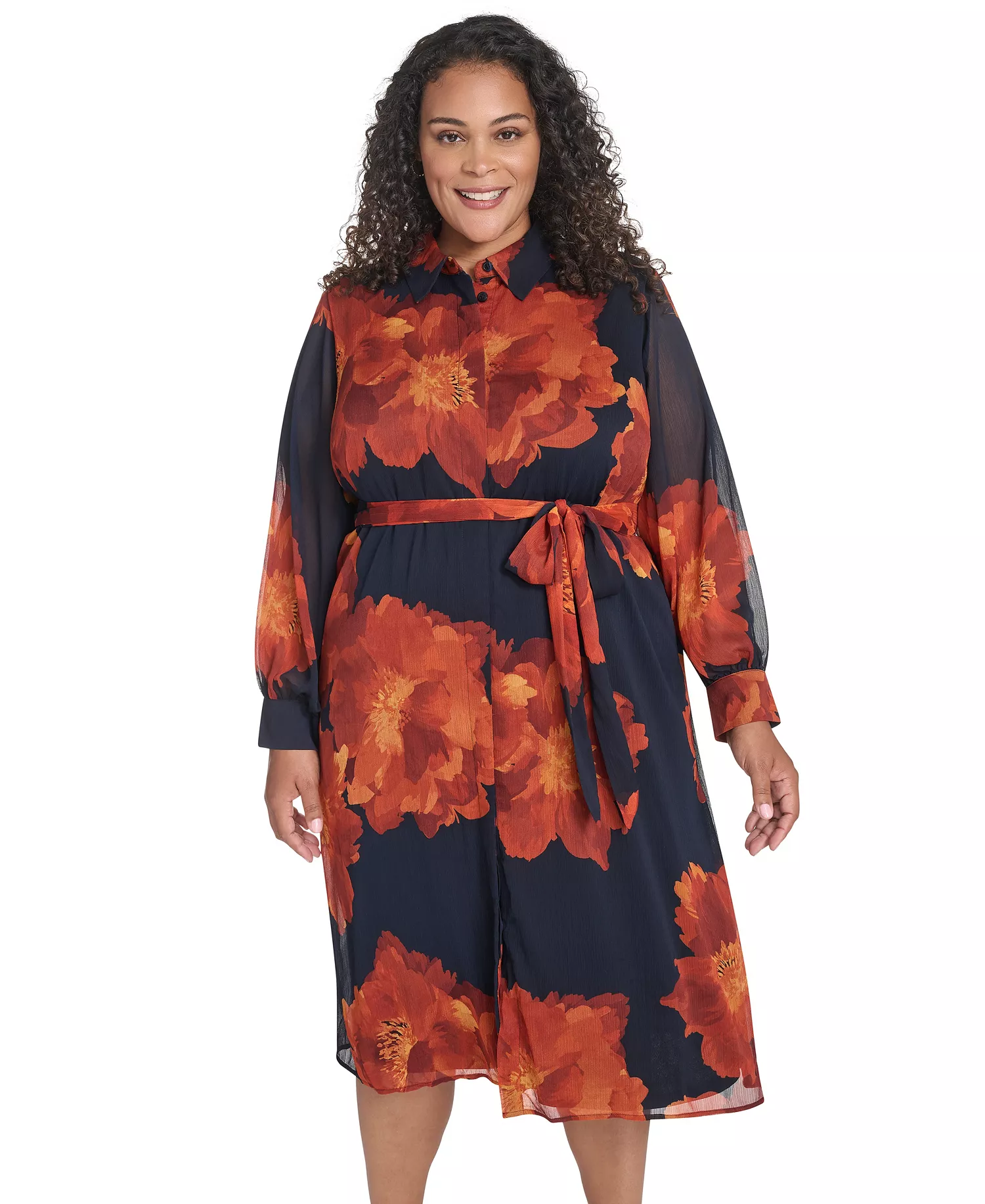 Plus Size Long-Sleeve Printed Midi Dress - Indigo Multi - 22W