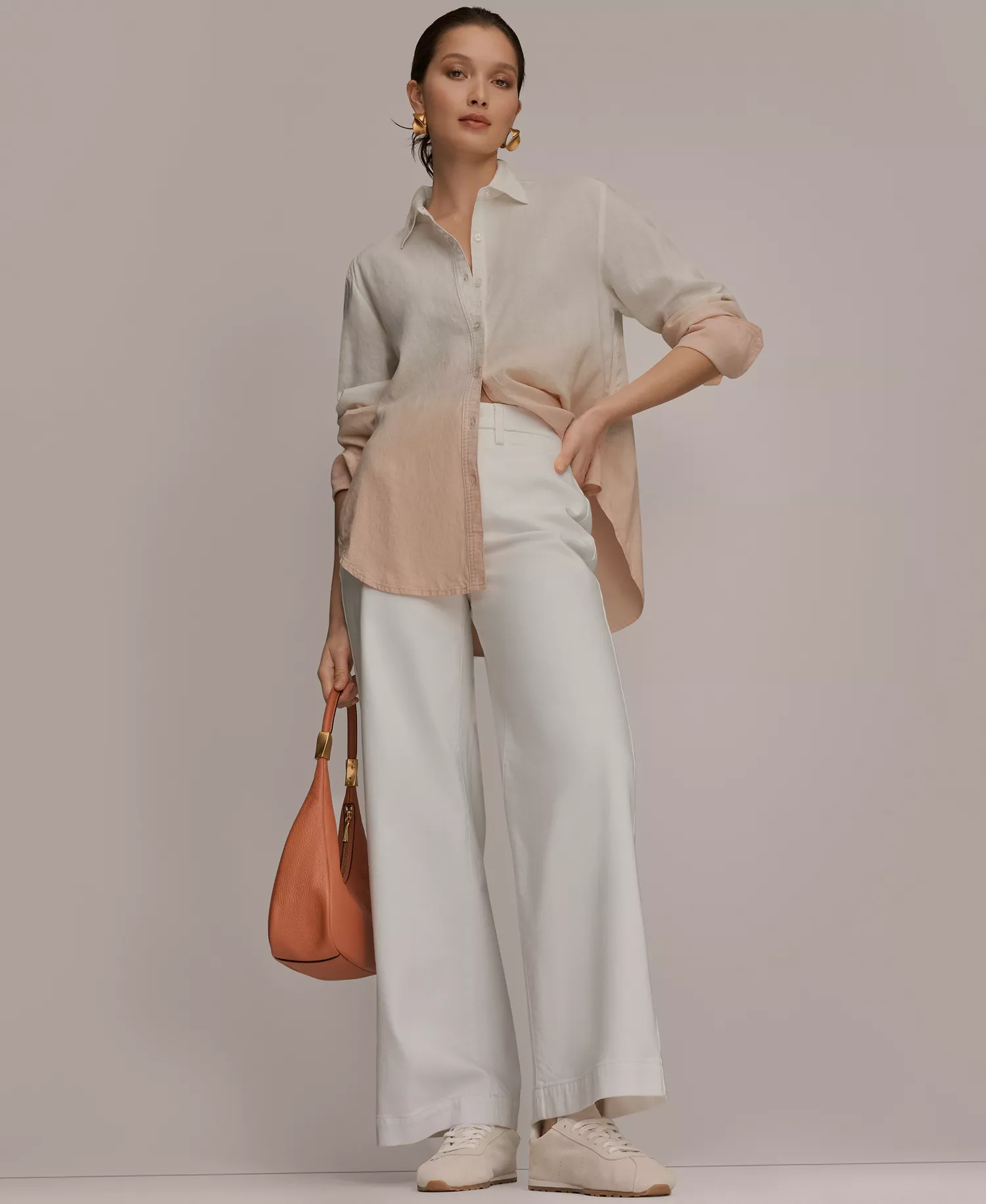 Women's Linen Dip Dye Long-Sleeve Button-Front Shirt - Snow Petal Dip Dye - L