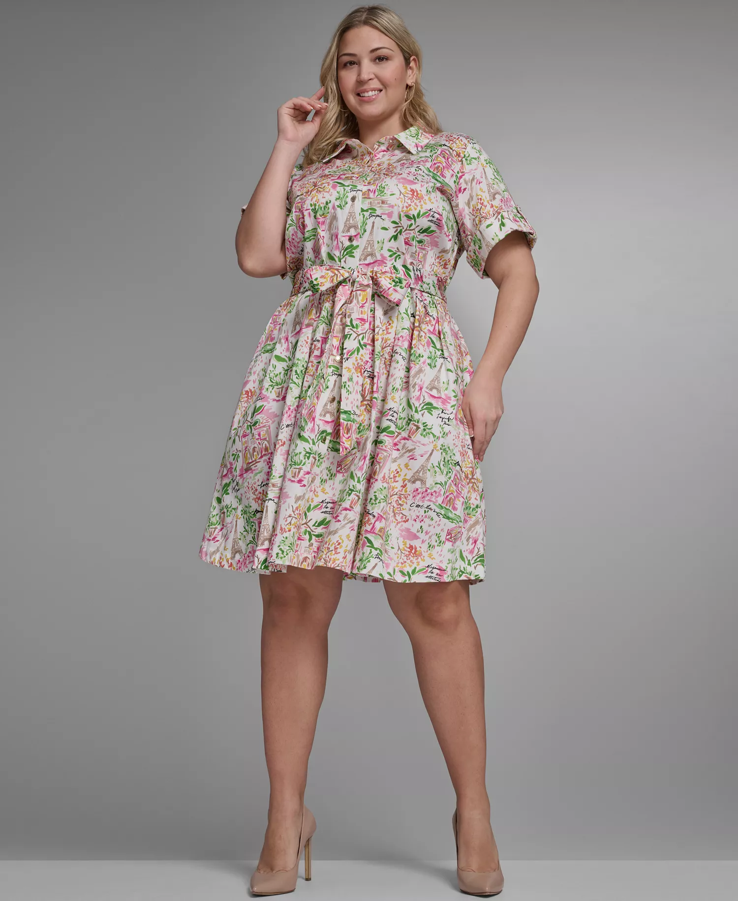 Plus Size Printed Collared Dress - Soft Whtie/Pink Multi - 14W