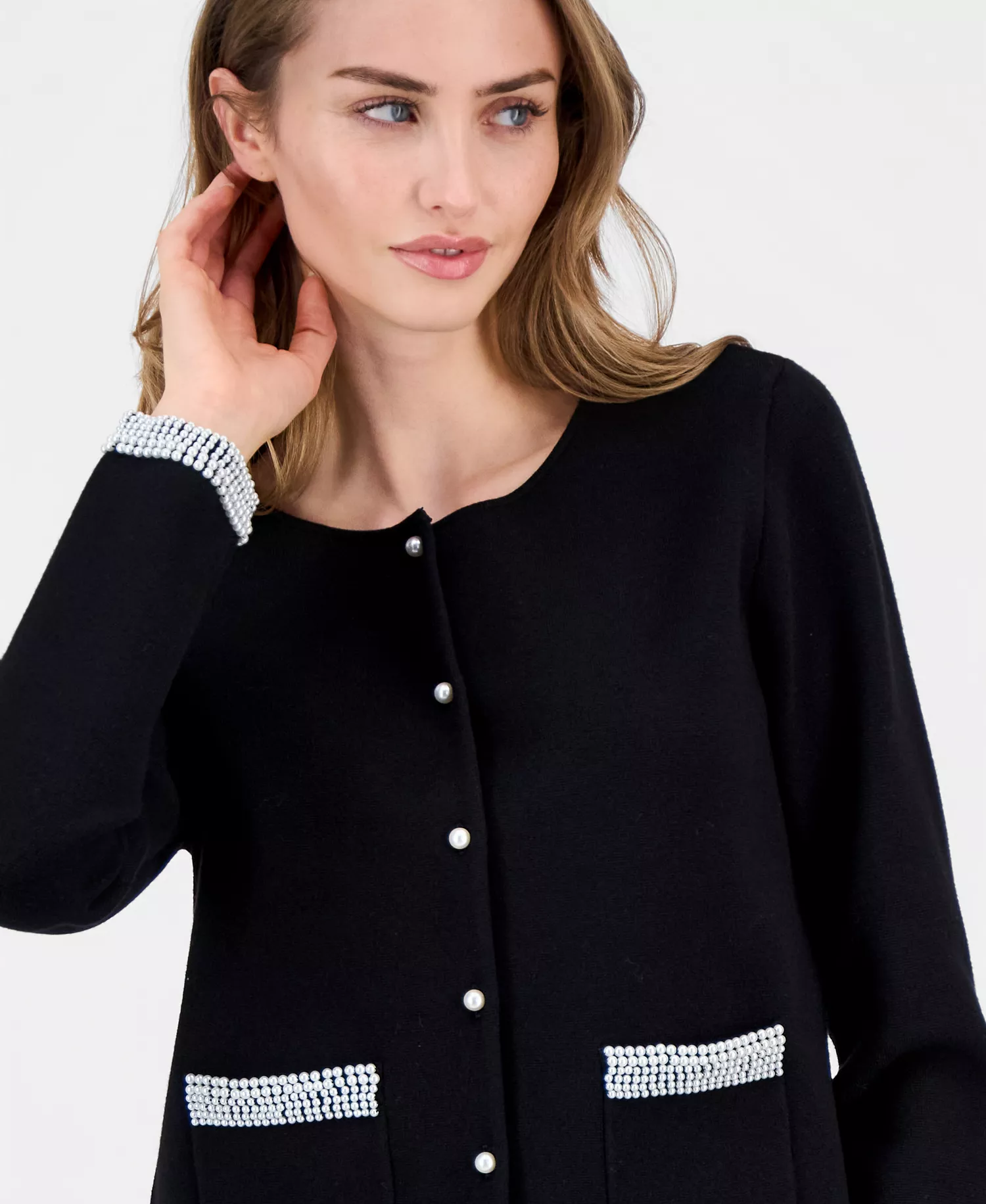 Women's Embellished Pearl-Trim Cardigan - Black/ Ivory Pearls - L