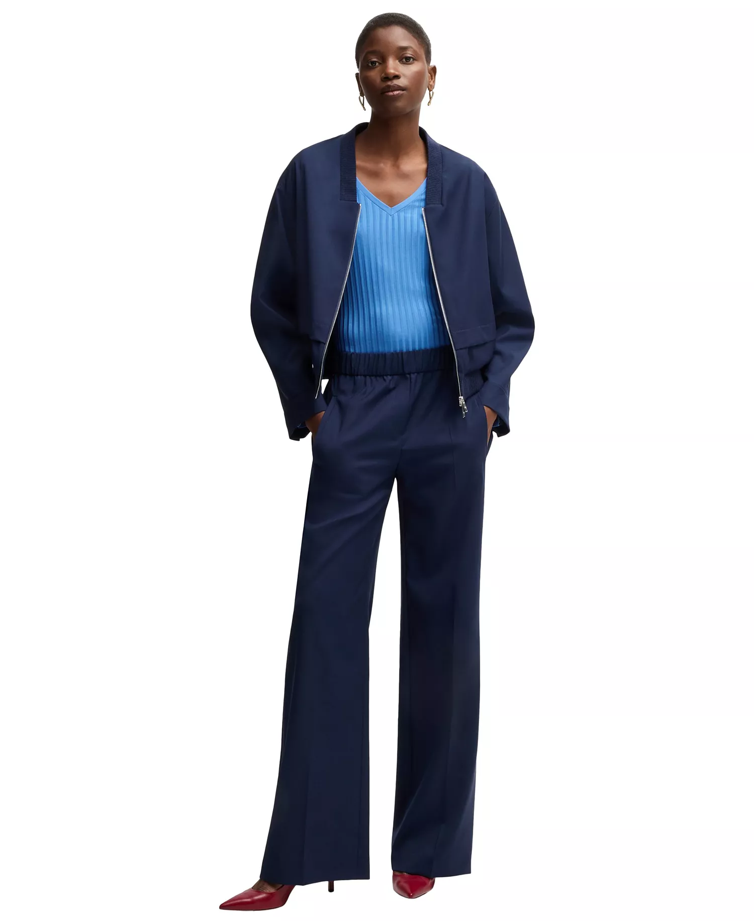 Women's Long-Sleeved V-Neck Top - Open Blue - L
