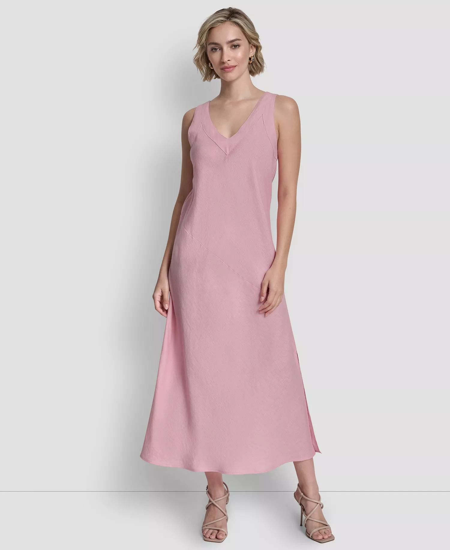 Women's Linen Panelled V-Neck Midi Dress - Bloom Pink - L