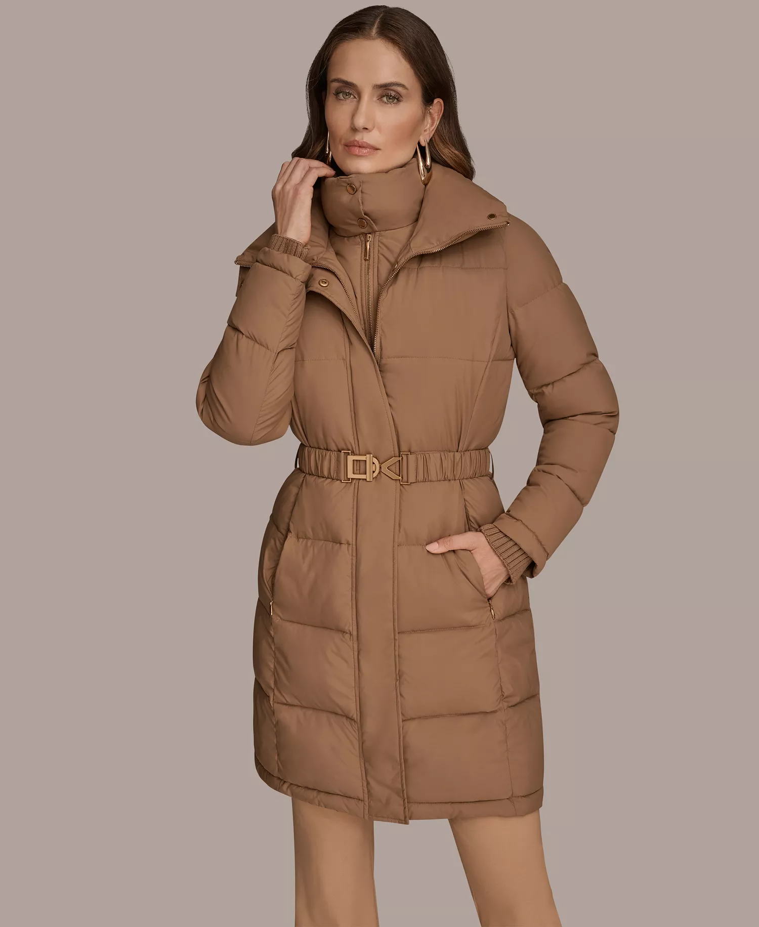 Women's Belted Bibbed Puffer Coat - Antiq gold - L