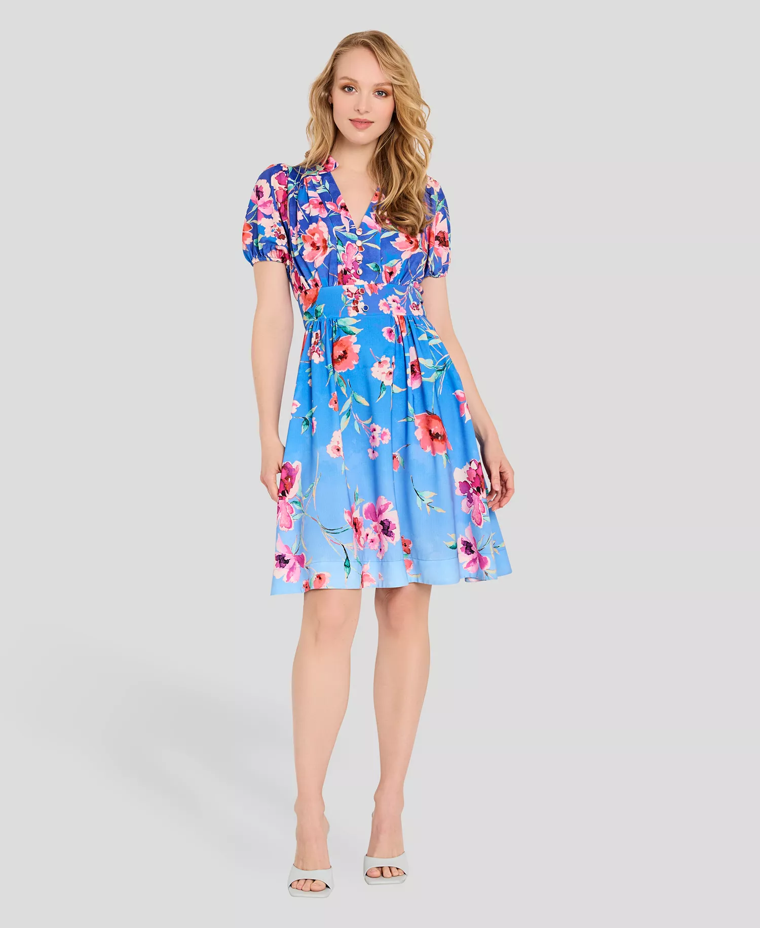 Petite V-neck Short-Sleeve Dress - Peri Floral - 0P