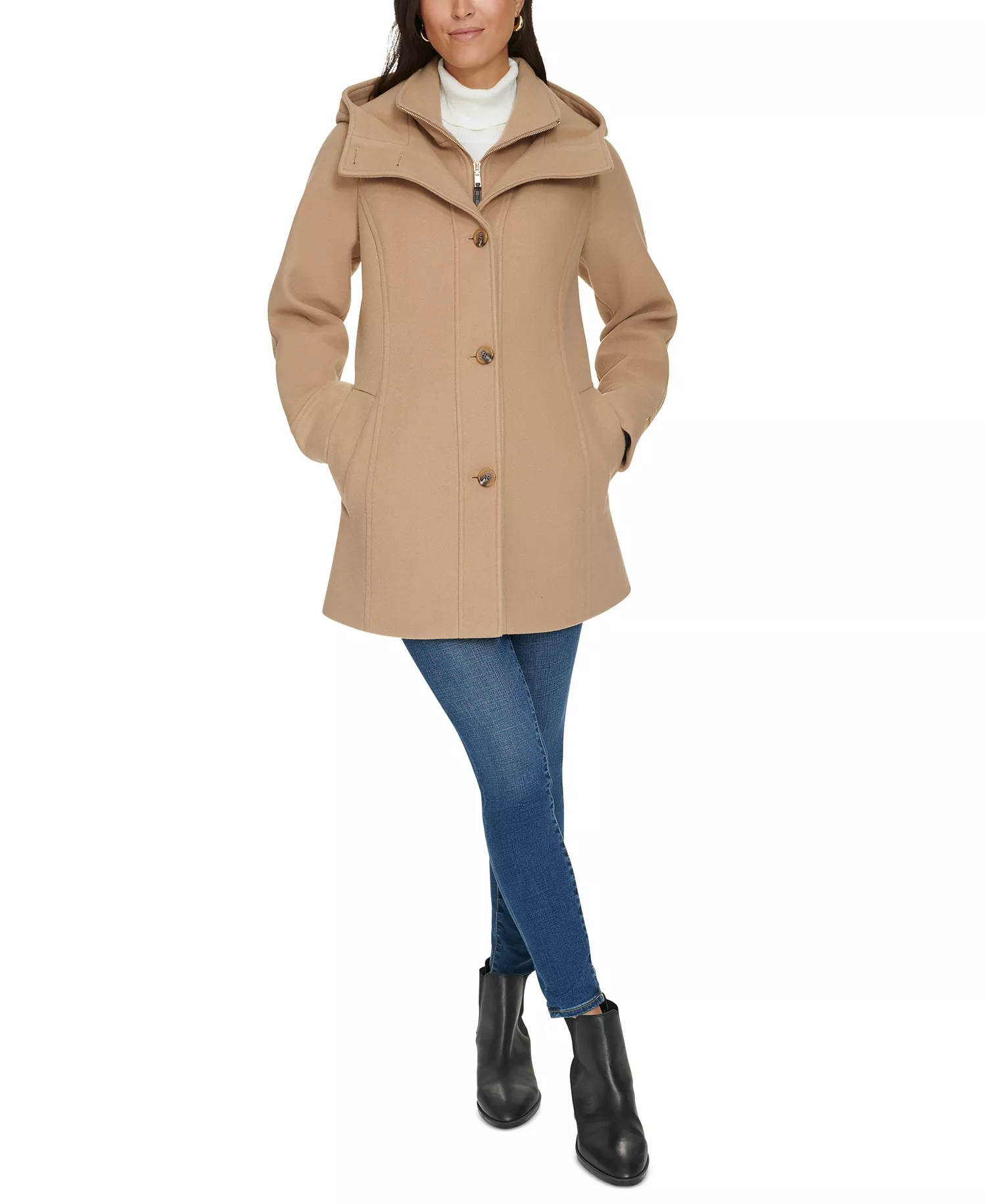 Women's Hooded Button-Front Coat, Created for Macy's - Camel - XS