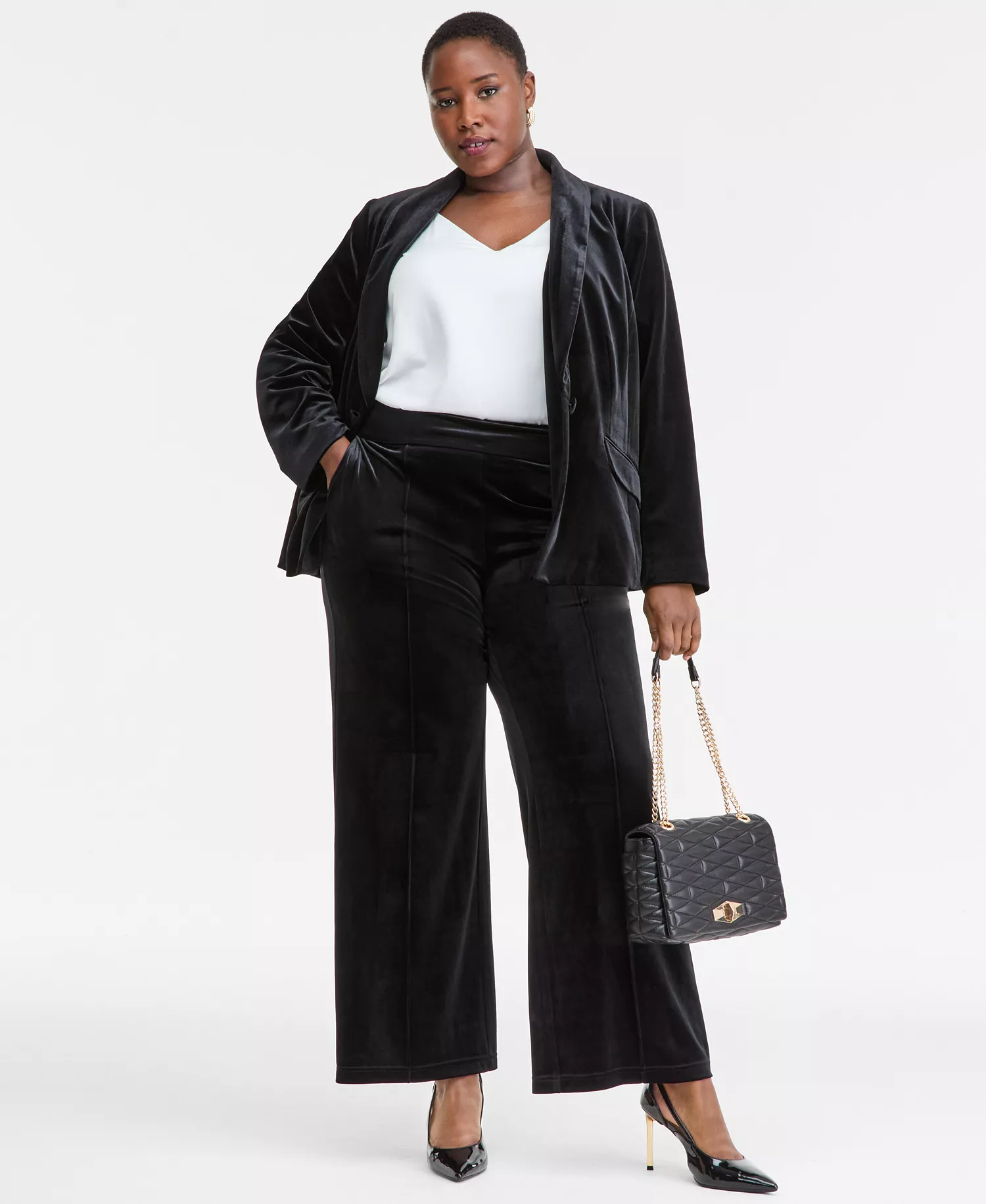 Plus Size High-Rise Wide-Leg Velvet Pants, Created for Macy's - Deep Black - 0X
