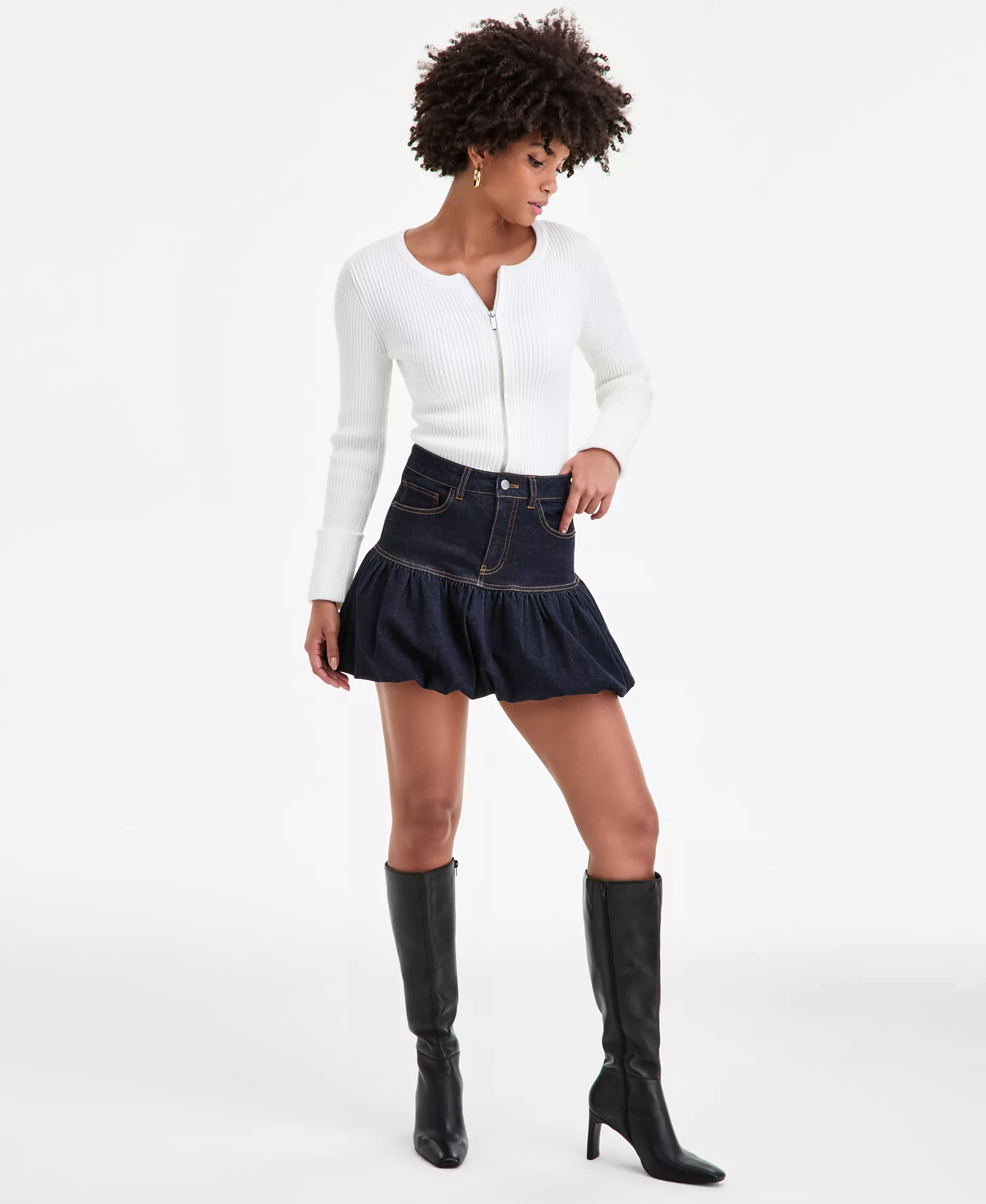 Women's Zip-Front Ribbed-Knit Sweater, Macy's Exclusive - Crema - L