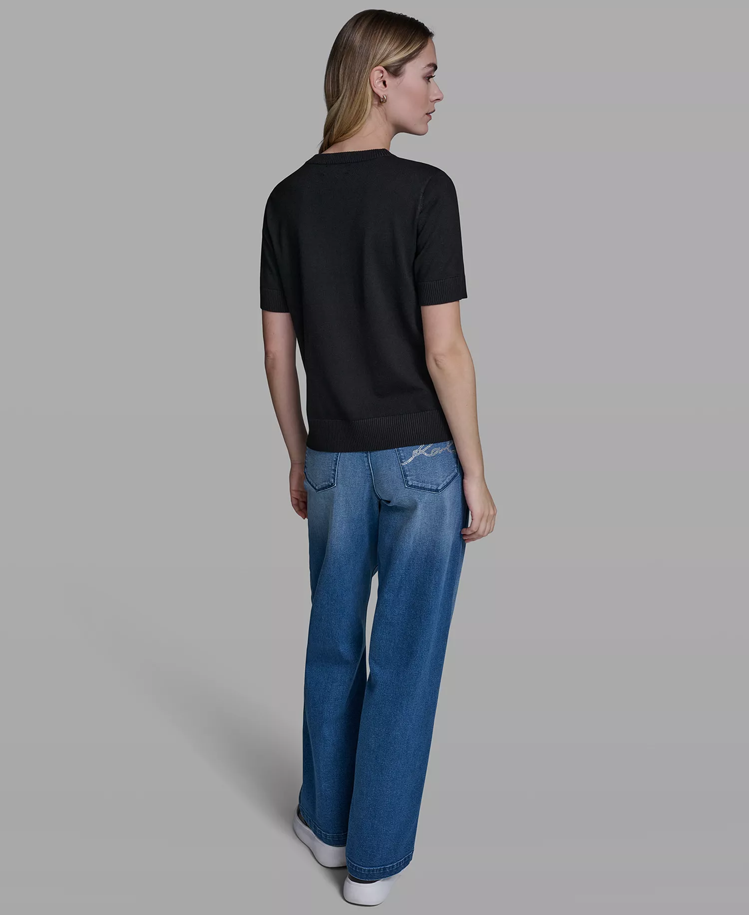 Petite Short-Sleeve Sweater - Black/Soft White - P/L