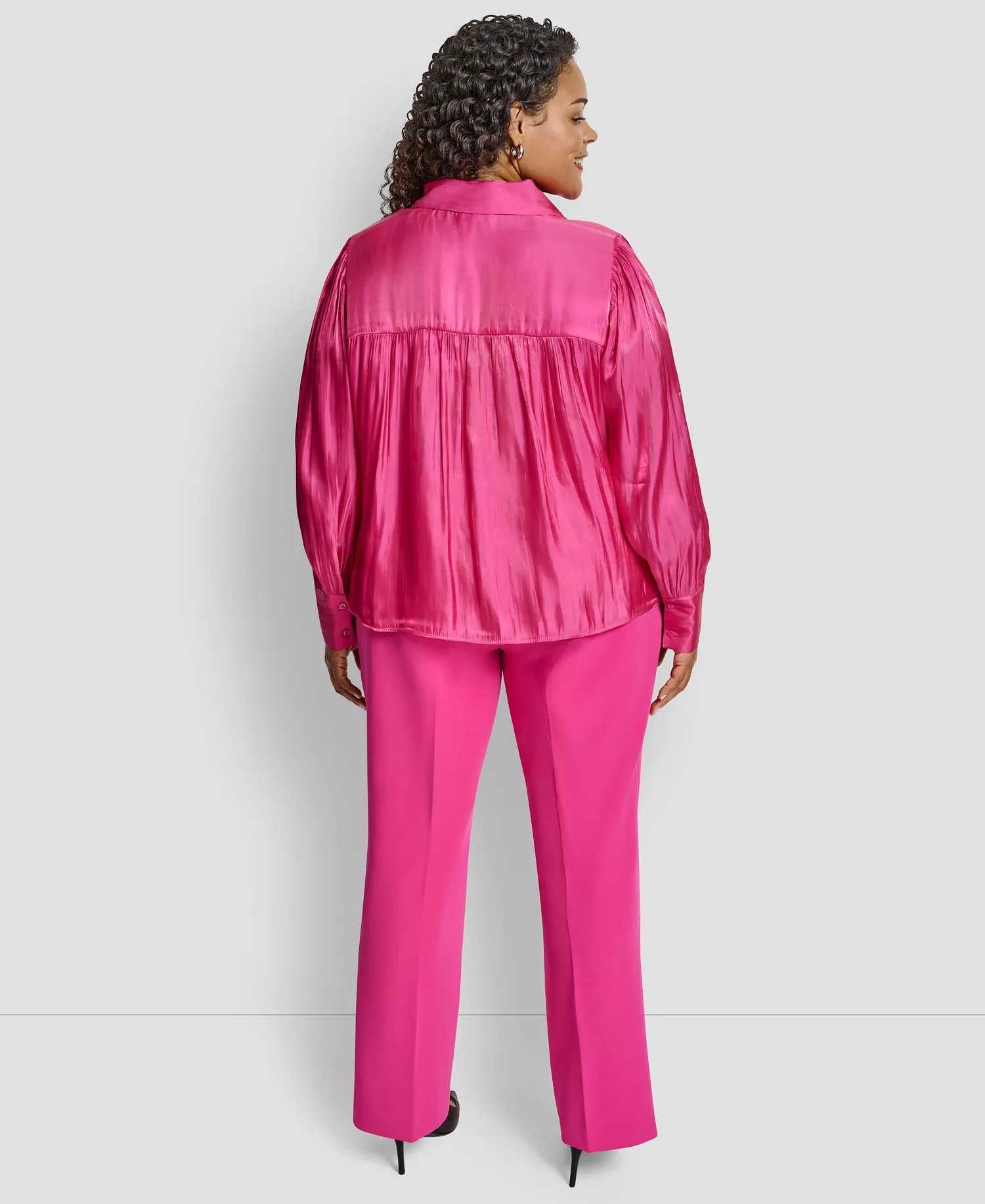 Plus Size Balloon Sleeve Collared Neck Top - Fuchsia - 1X